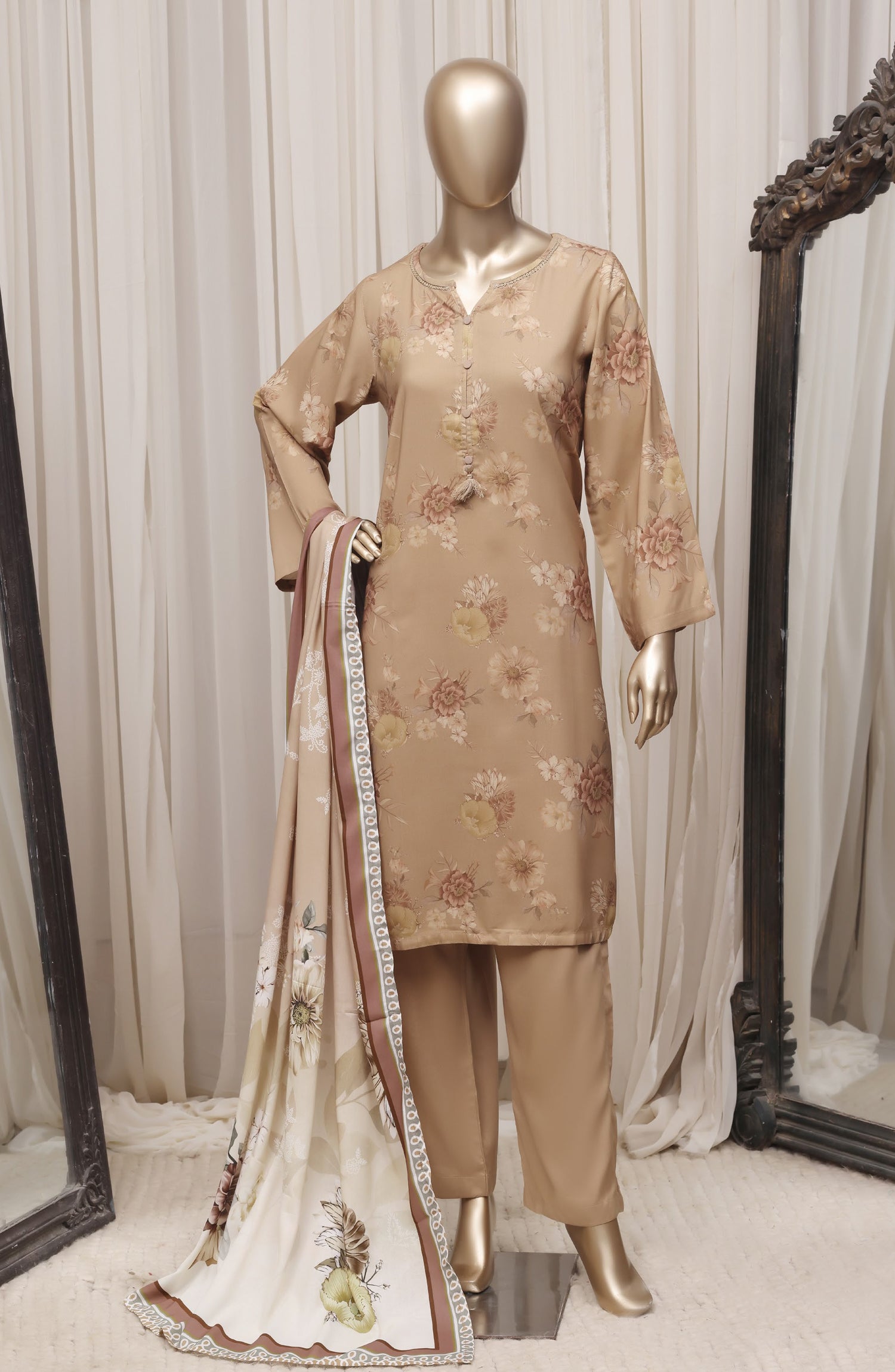 Sadabahar Printed Linen Stitched 3 Piece Suit - D-02 - SBD26NEN - Coffee - Winter Collection