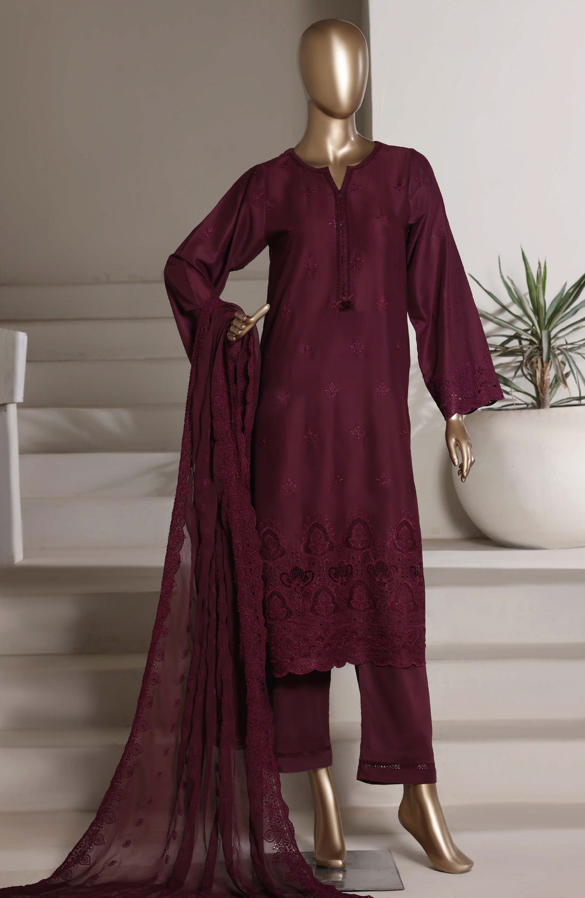 Sadabahar Embroidered Chikankari Stitched 3 Piece Suit - D-02 - SBD26KNR - Maroon - Festive Collection