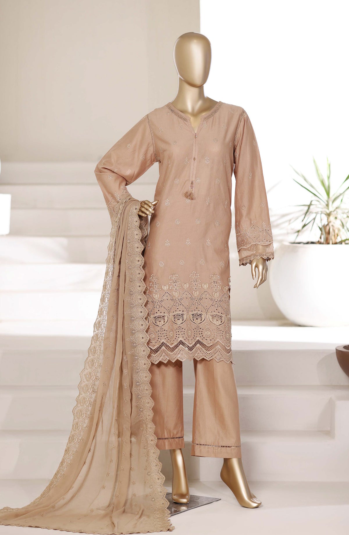 Sadabahar 3D Laser Work Chikankari Stitched 3 Piece Suit - D-04 - SBD26LSR - Peach - Festive Collection