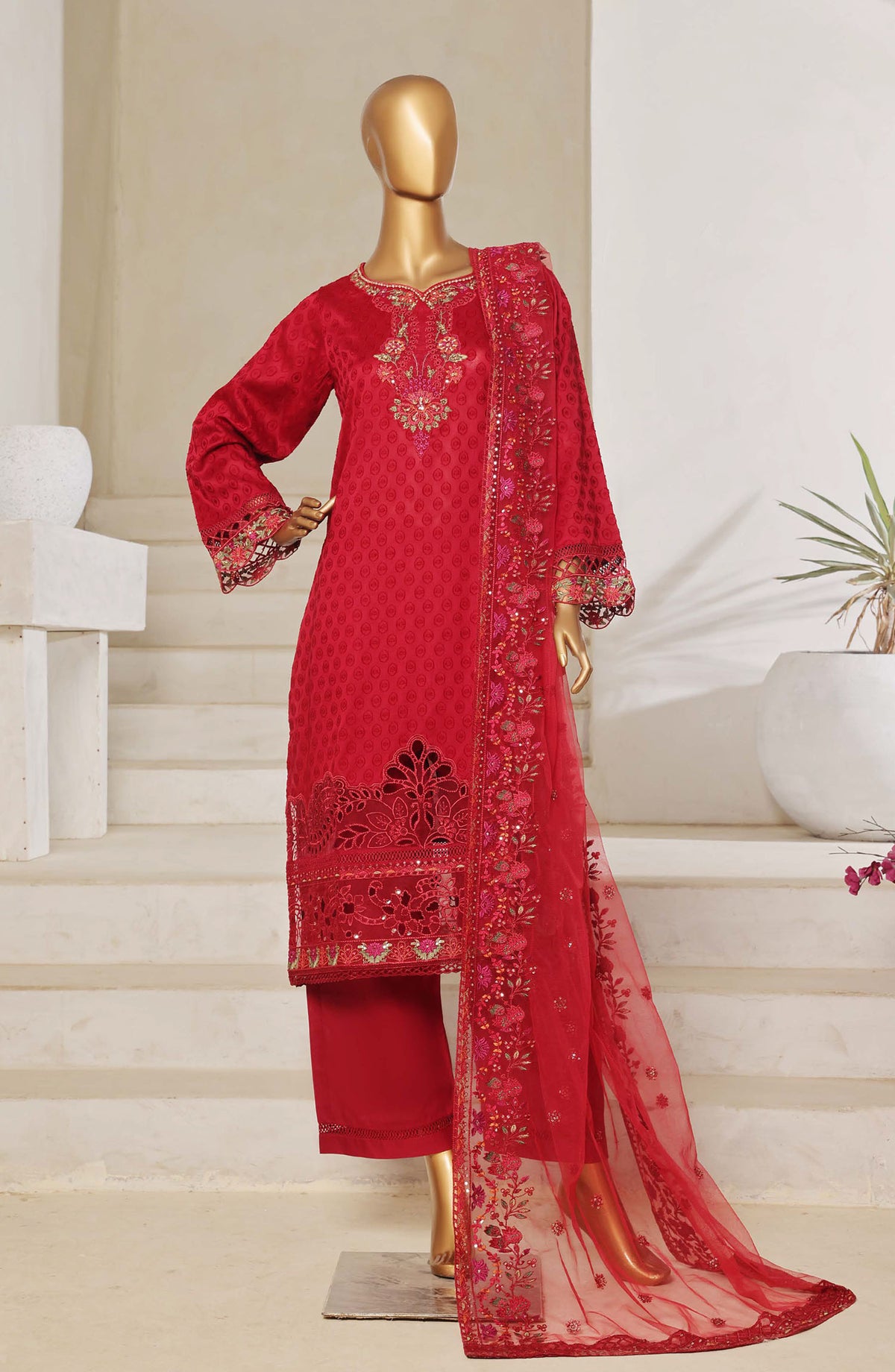 Sadabahar Embroidered Lawn Jacquard Stitched 3 Piece Suit - Design-07 - SBD25JLP - Red - Summer Collection