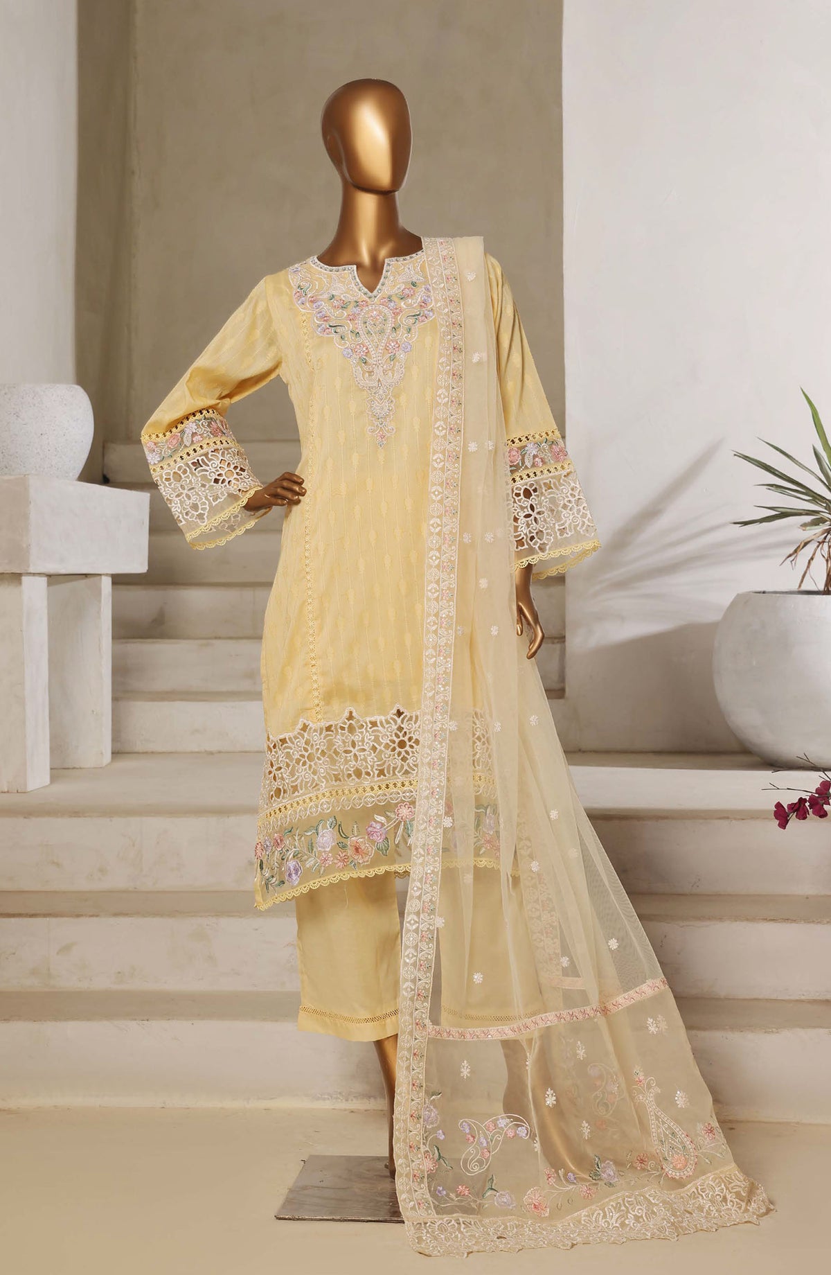 Sadabahar Embroidered Lawn Jacquard Stitched 3 Piece Suit - Design-06 - SBD25JLP - Yellow - Summer Collection