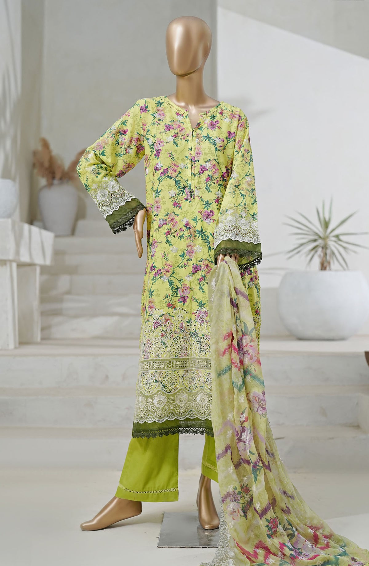 Sadabahar Printed and Embroidered Chikankari Lawn Stitched 3 Piece Suit - Design-04 - SBD25CT2 - Green - Summer Collection