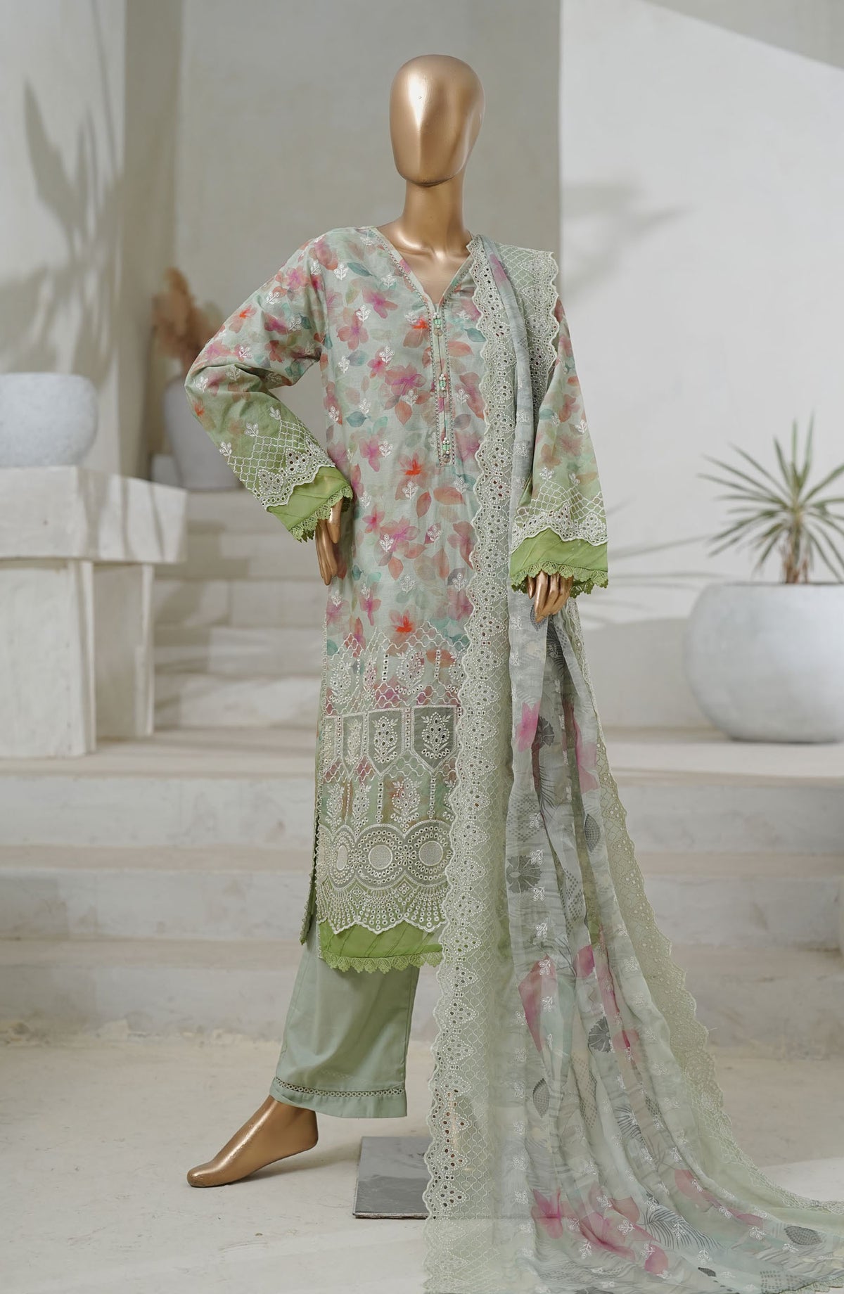 Sadabahar Printed and Embroidered Chikankari Lawn Stitched 3 Piece Suit - Design-03 - SBD25CT2 - Green - Summer Collection