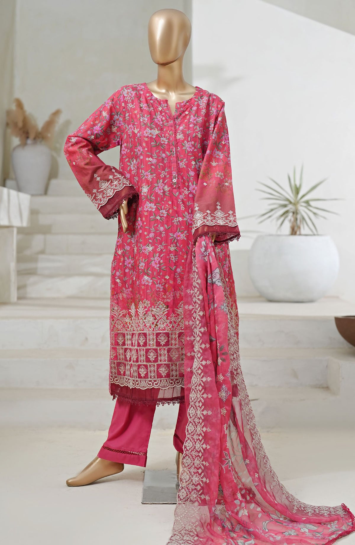 Sadabahar Printed and Embroidered Chikankari Lawn Stitched 3 Piece Suit - Design-02 - SBD25CT2 - Pink - Summer Collection