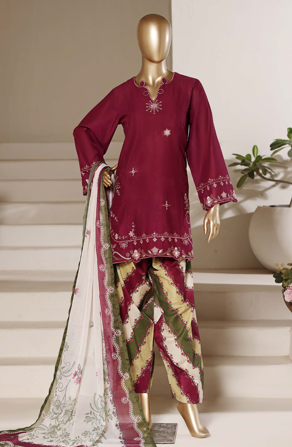 Sadabahar Eclair Embroidered Lawn Stitched 3 Piece Suit - TWD-06 - SBD26TWC - Maroon - Summer Collection