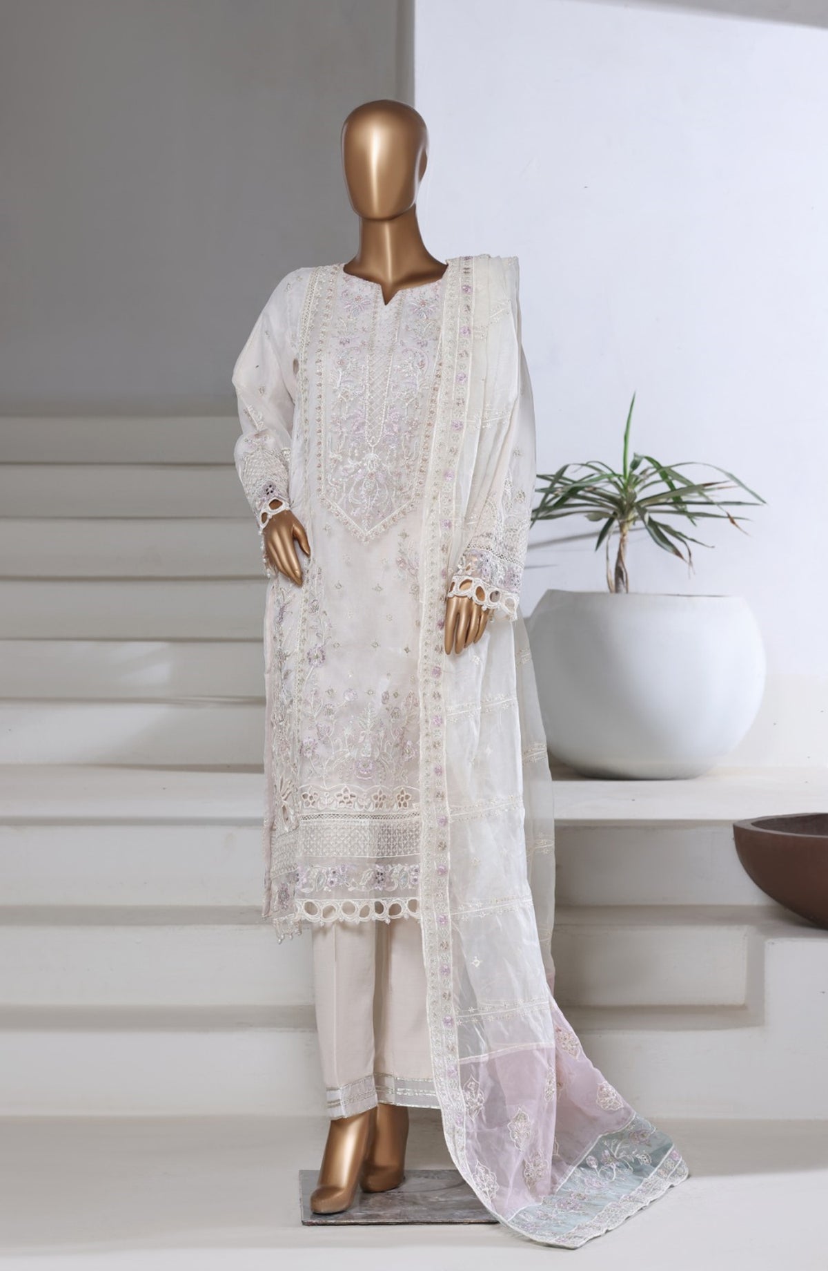 Sadabahar Exclusive Embroidered Organza Stitched 3 Piece Suit - DFE-09 AQ24 - SBD26DFE - Fawn - Luxury Collection