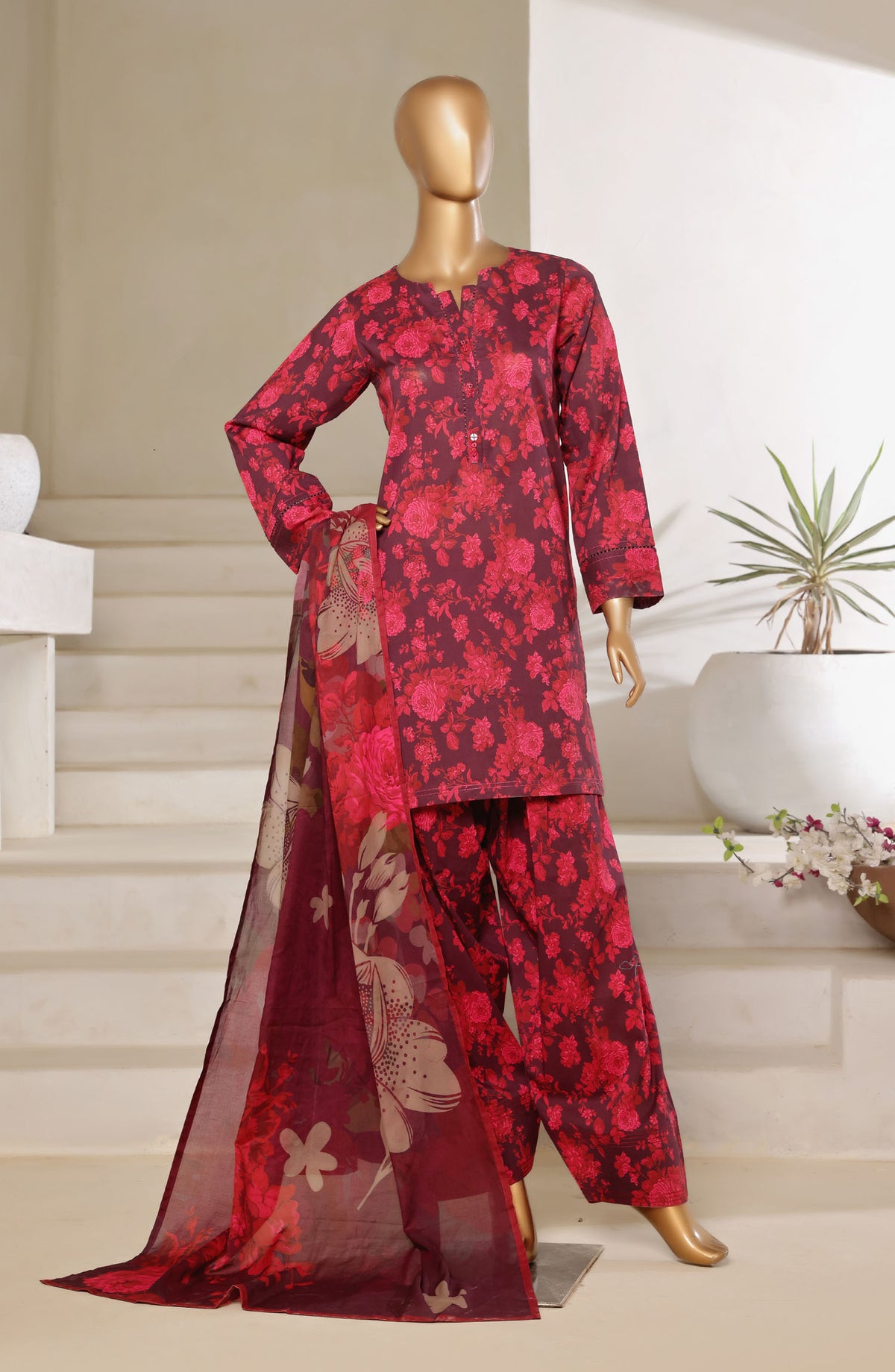 Sadabahar Printed Lawn Stitched 3 Piece Suit - Design-01 - SBD25FSH - Red - Summer Collection