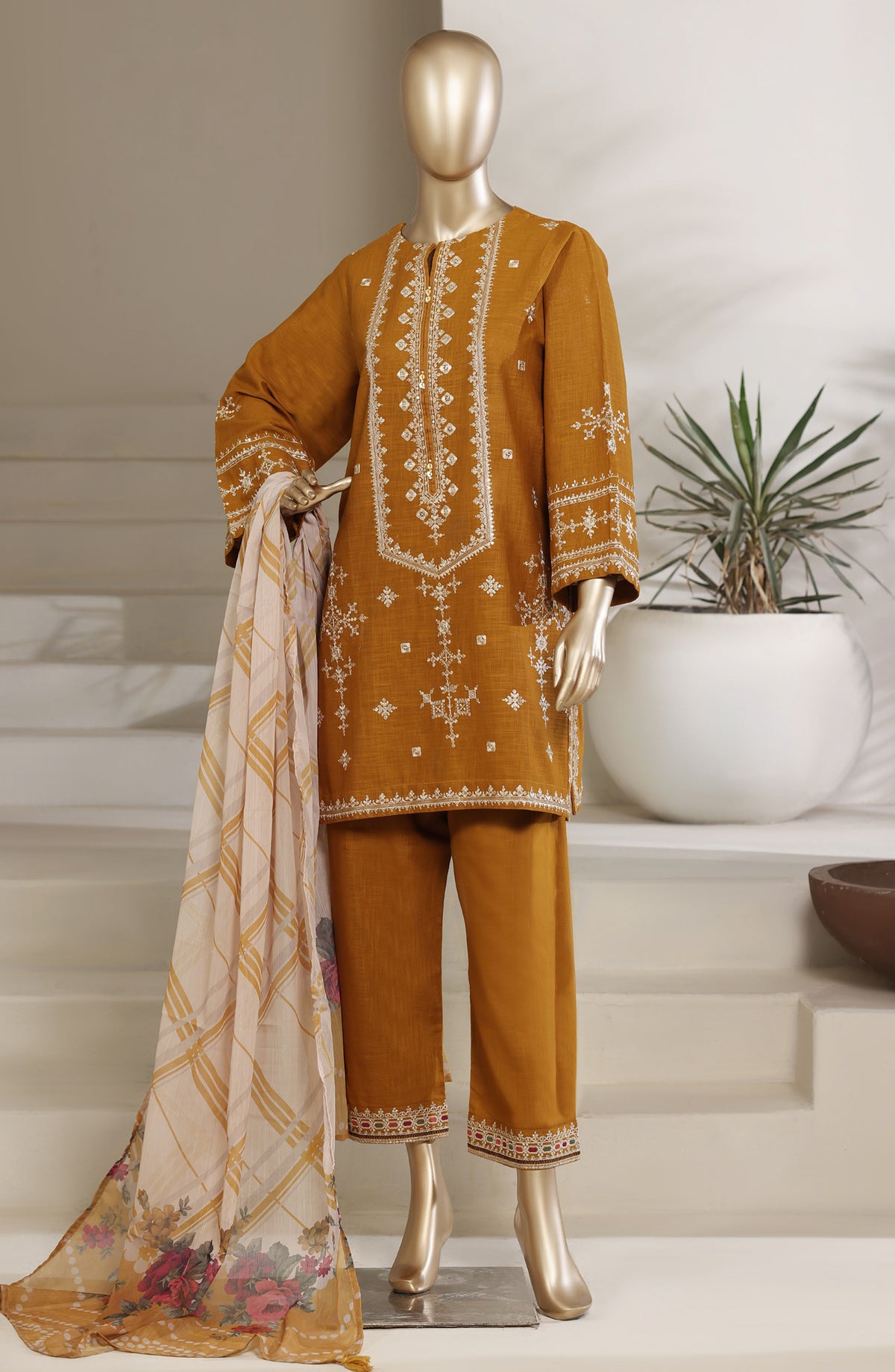 Sadabahar Embroidered Cotton Stitched 3 Piece Suit - D-04 - SBD26COD - Mustard - Festive Collection