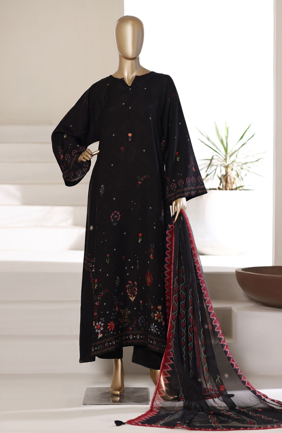 Sadabahar Printed Stitched Kaftaan 3 Piece Suit - D-03 - SBD26KFT - Black - Festive Collection