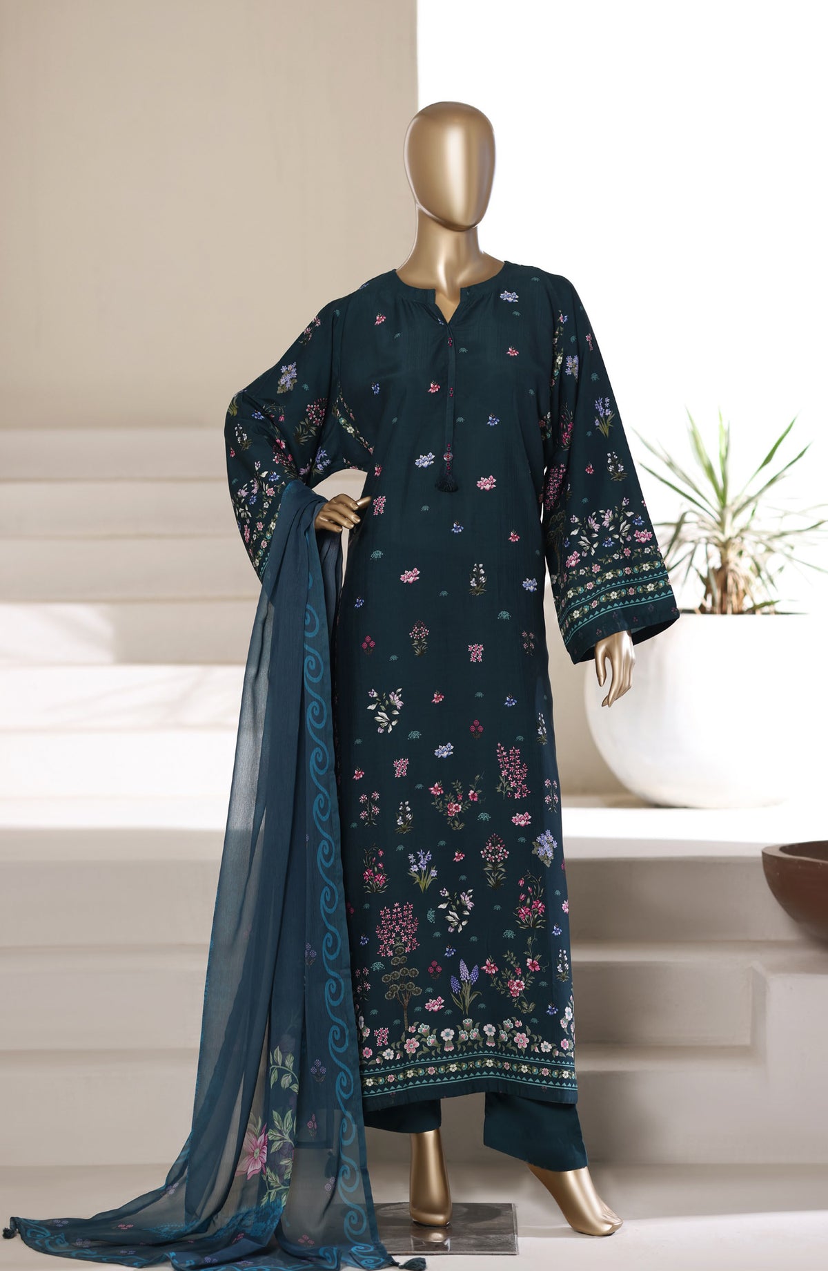 Sadabahar Printed Stitched Kaftaan 3 Piece Suit - D-01 - SBD26KFT - Teal - Festive Collection