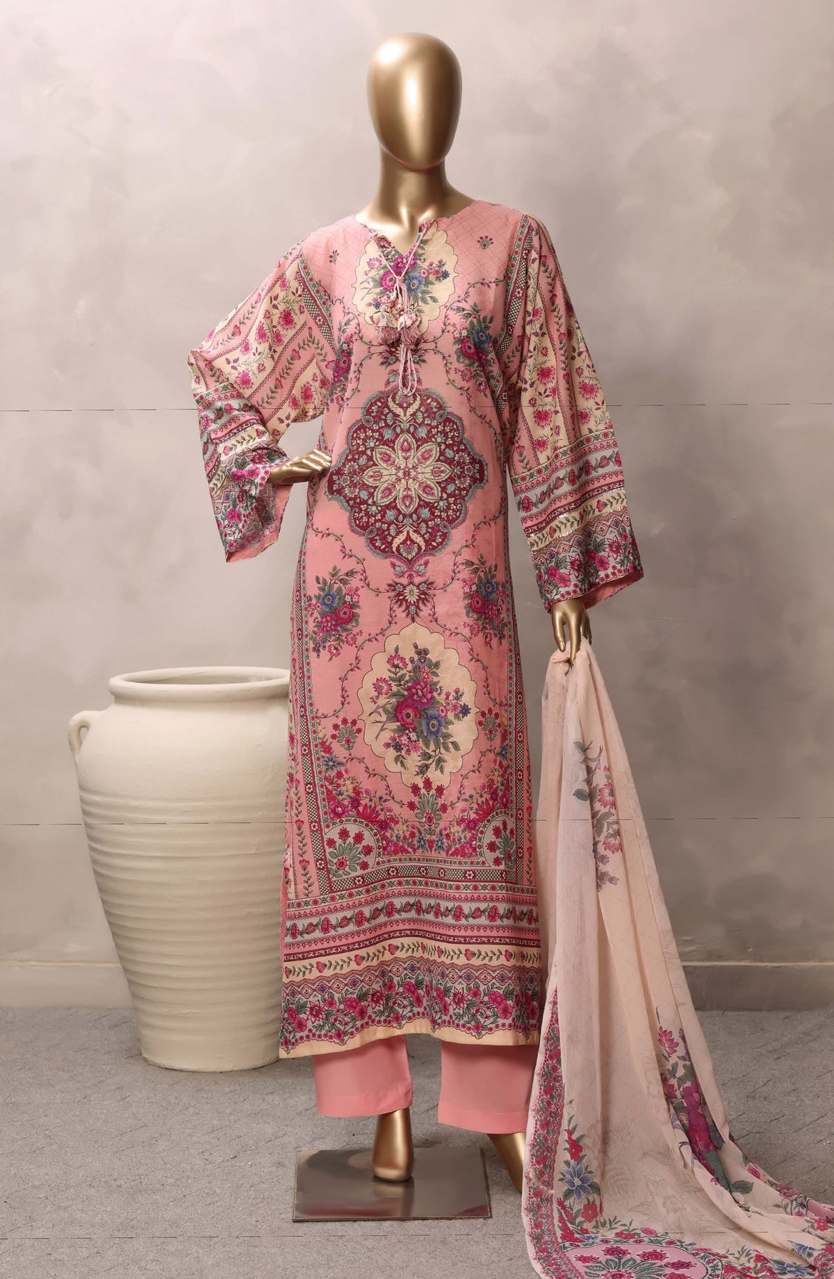 Sadabahar Printed Chamti Cotton Stitched Kaftan 3 Piece Suit - D-07 - SBD26TRF - Pink - Summer Collection