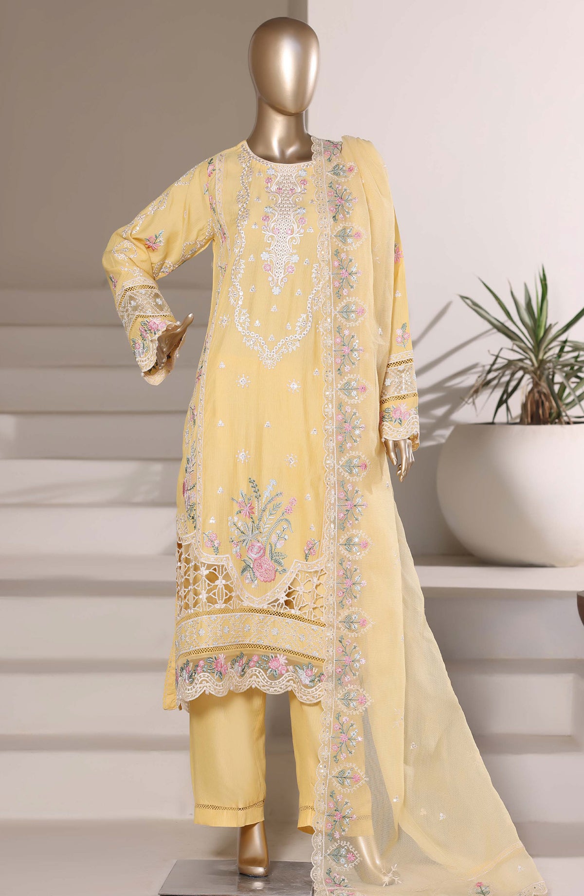Sadabahar Luxury Embroidered Formal Stitched 3 Piece Suit - D-07 - SBD26XFS - Yellow - Festive Collection