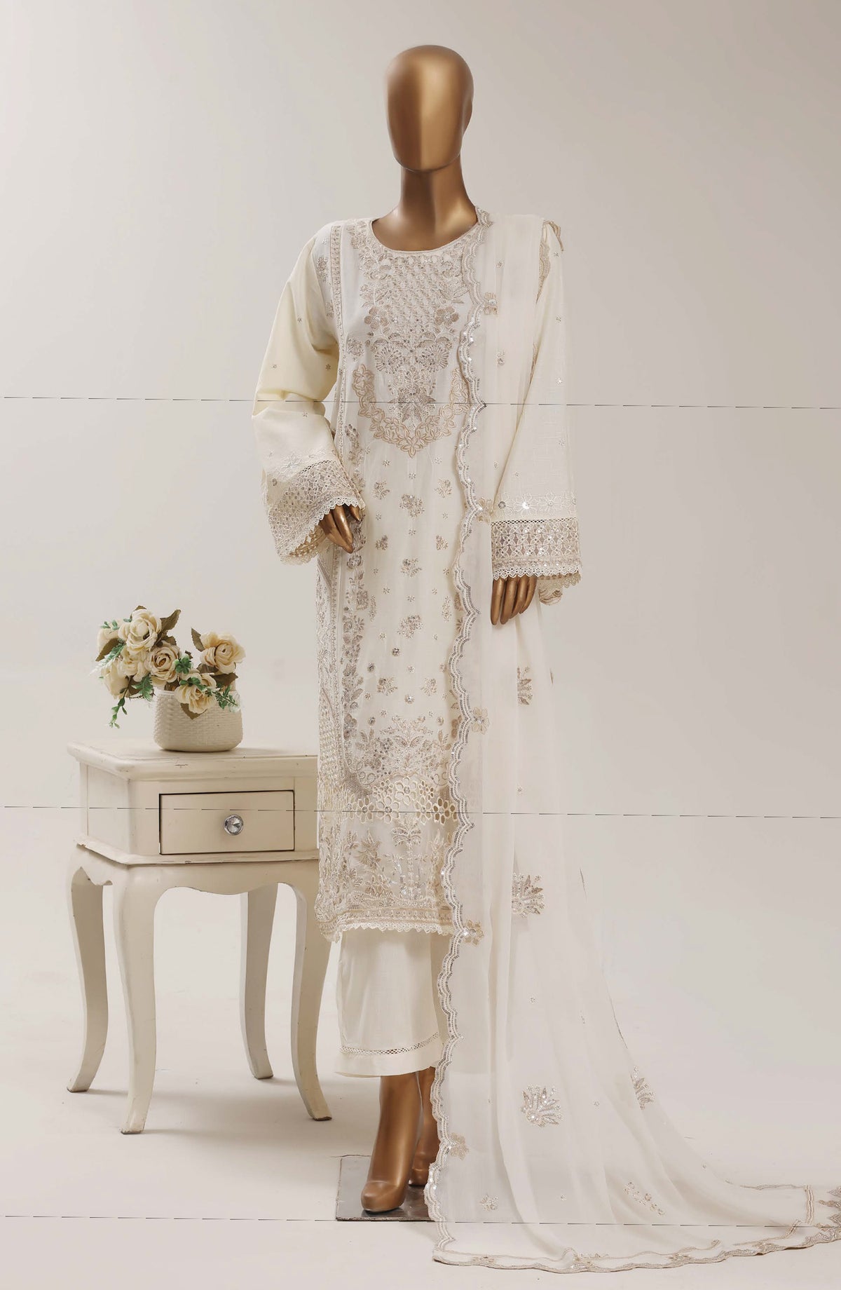Sadabahar Luxury Embroidered Cotton Stitched 3 Piece Suit - D-07 - SBD26LSVN - White - Festive Collection