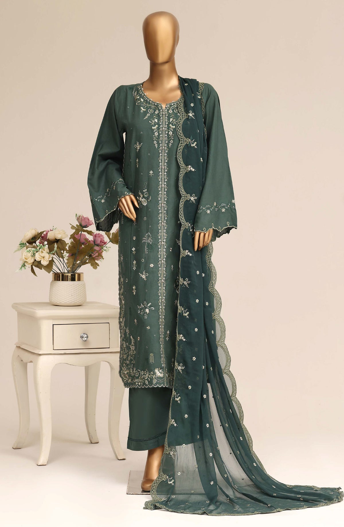 Sadabahar Luxury Embroidered Cotton Stitched 3 Piece Suit - D-01 - SBD26LSVN - Green - Festive Collection