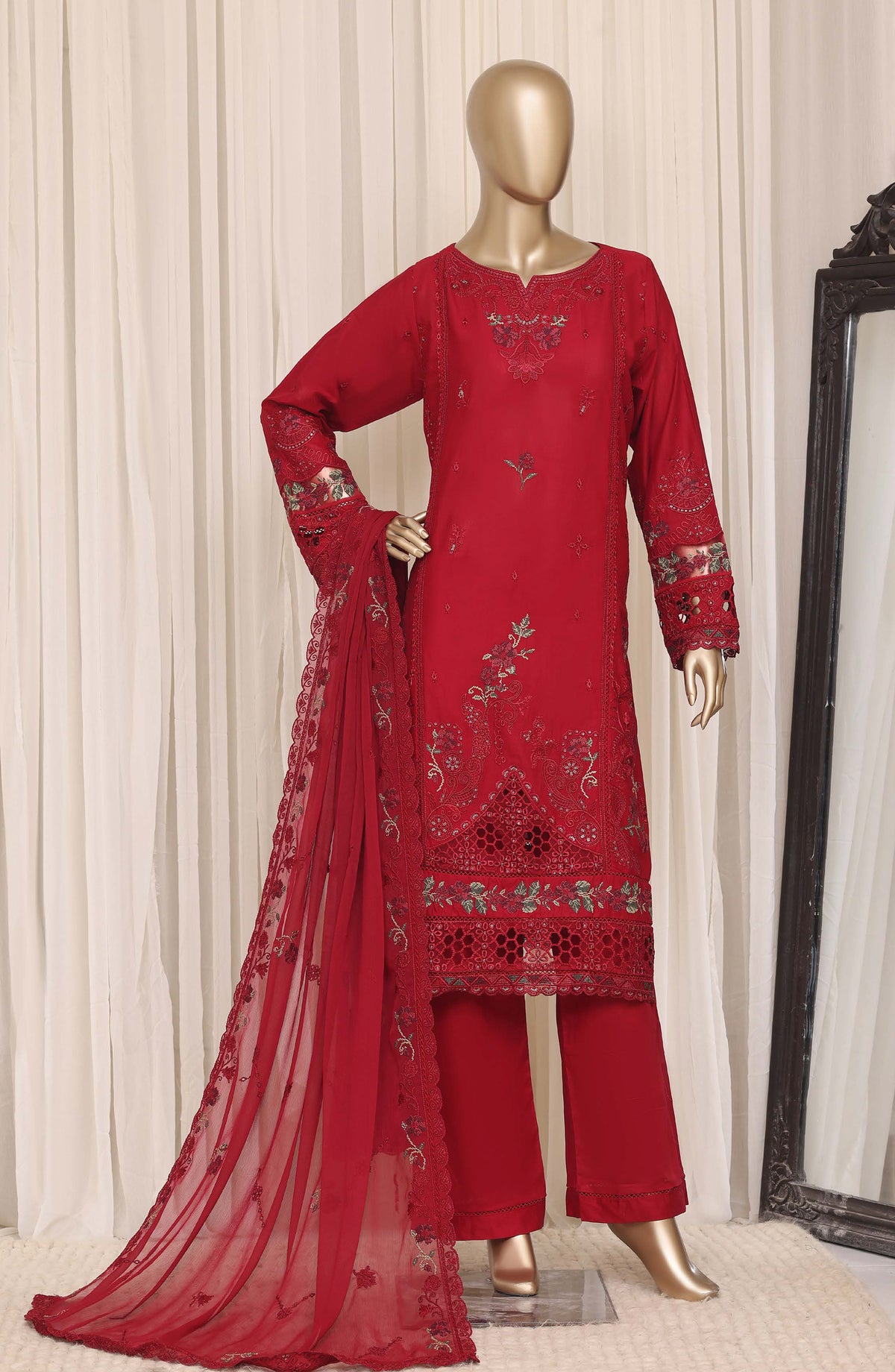 Sadabahar Luxury Embroidered Cotton Stitched 3 Piece Suit - D-03 - SBD26EGT - Red - Festive Collection