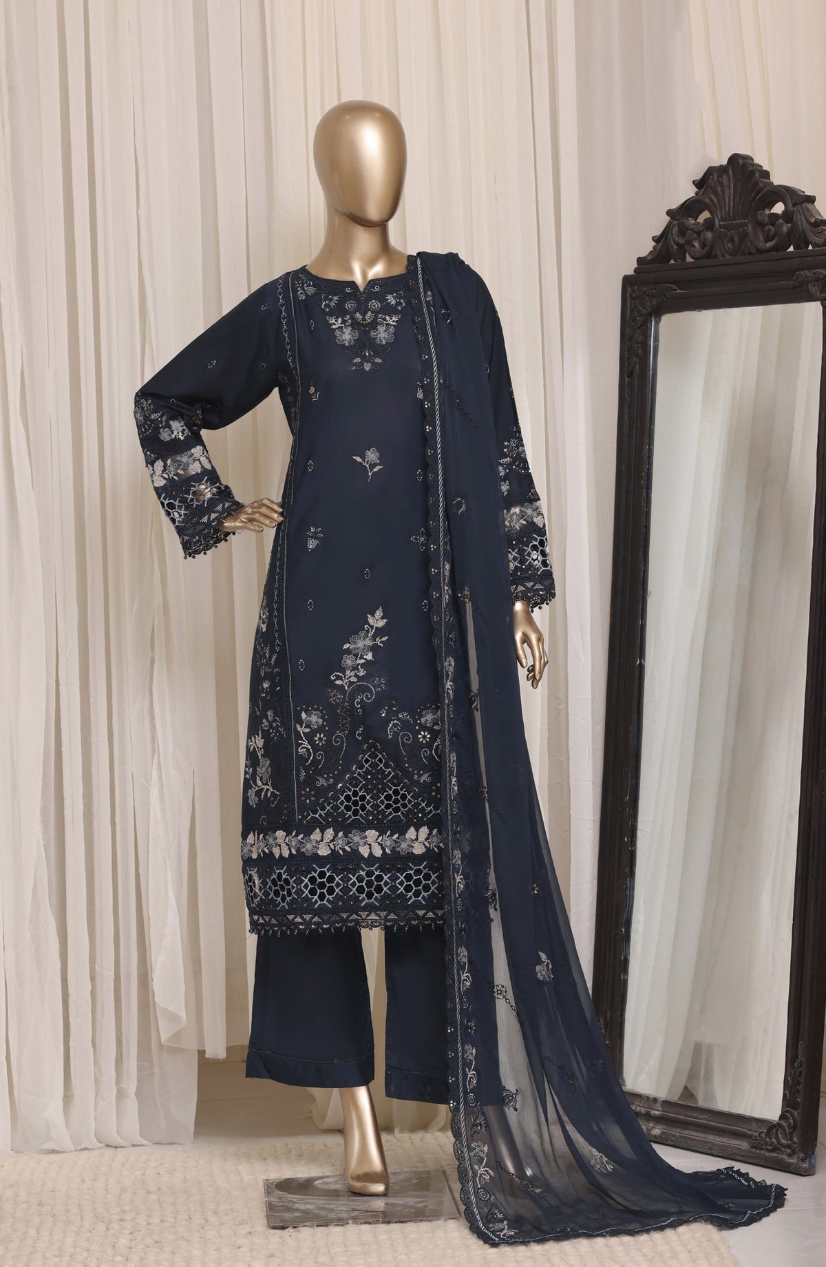Sadabahar Luxury Embroidered Cotton Stitched 3 Piece Suit - D-02 - SBD26EGT - Blue - Festive Collection