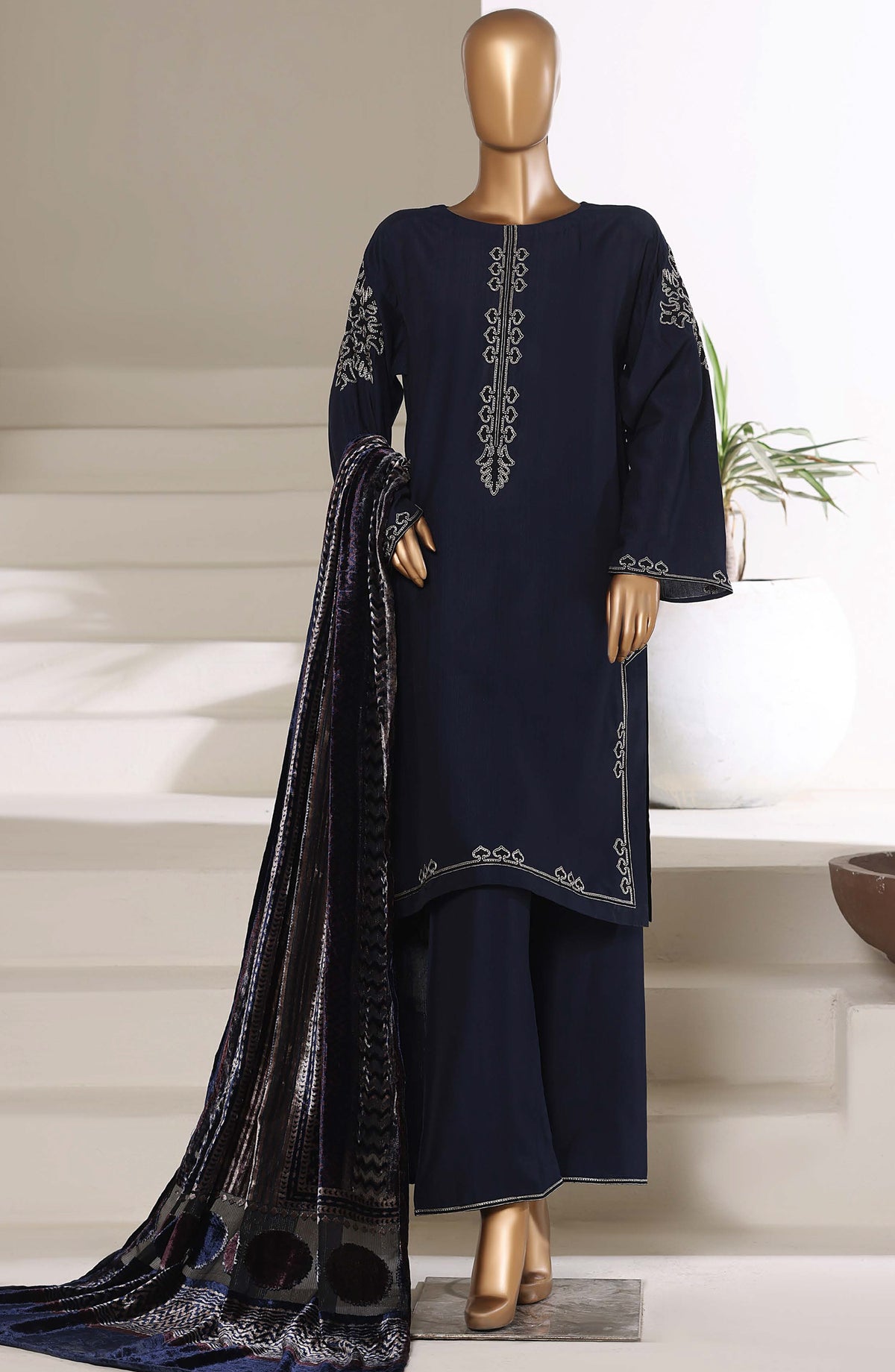 Sadabahar Luxury Embroidered Viscose Stitched 3 Piece Suit - Design-04 - SBD25XLVC - Navy Blue - Winter Collection
