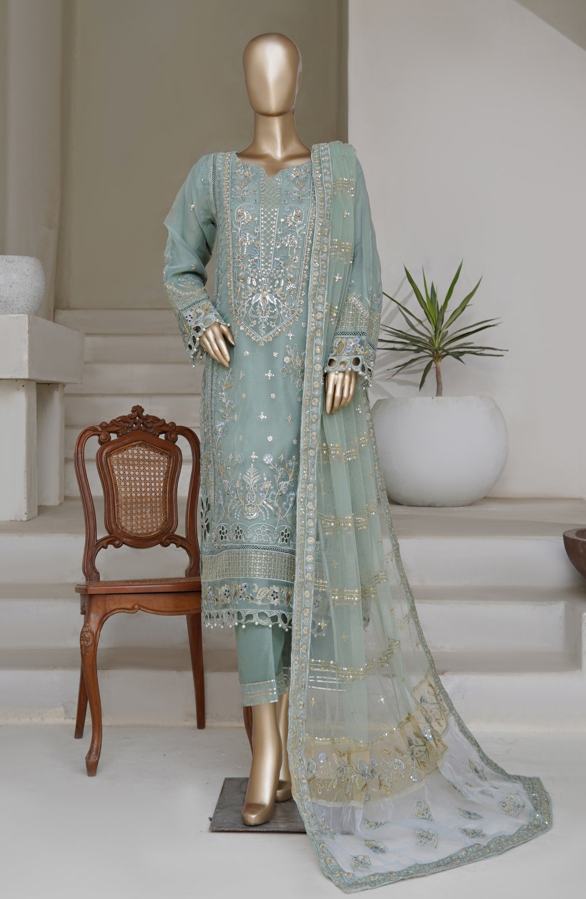Sadabahar Mahpara Embroidered Organza Stitched 3 Piece Suit - AQ-24-MINT - SD25MHP - Green - Festive Collection