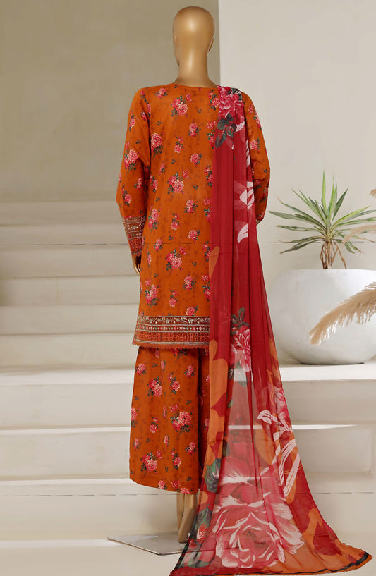 Malika by Sadabahar Embroidered Lawn Stitched 3 Piece Suit - D-02 - SBD25MEV4 - Orange - Festive Collection