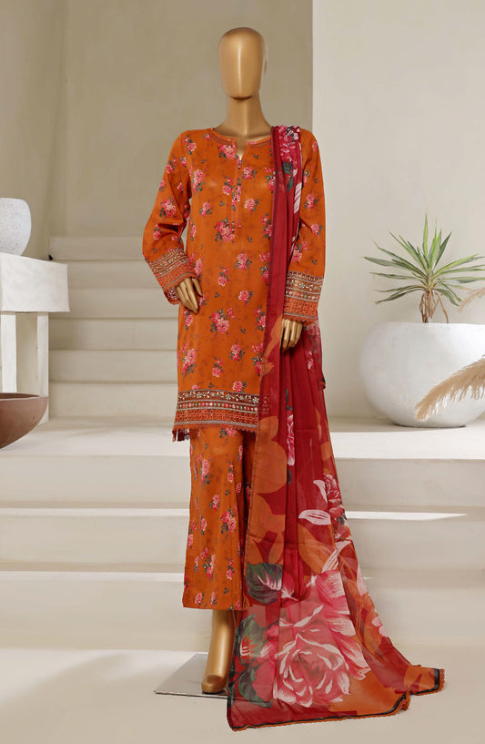 Malika by Sadabahar Embroidered Lawn Stitched 3 Piece Suit - D-02 - SBD25MEV4 - Orange - Festive Collection