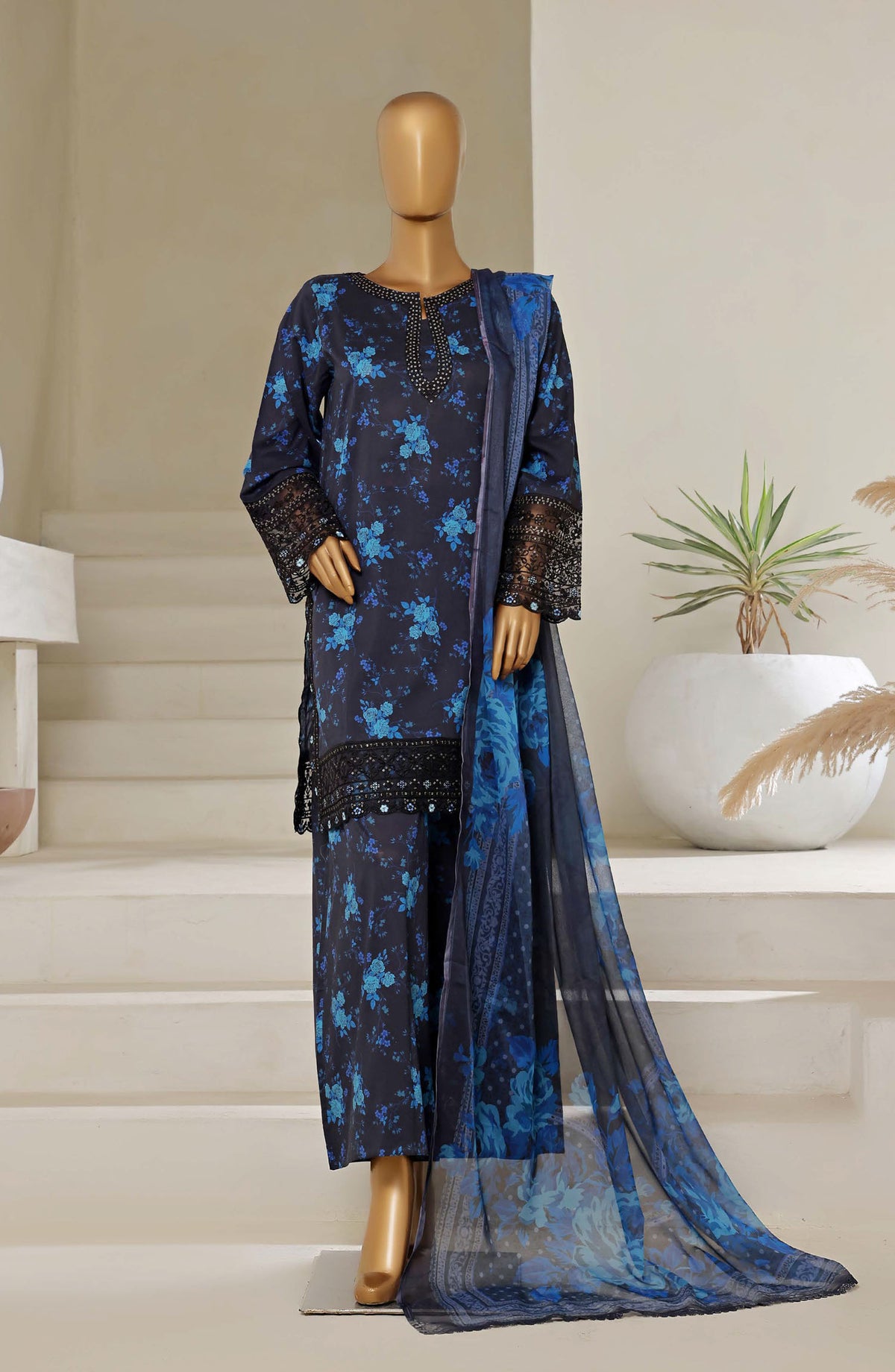 Malika by Sadabahar Embroidered Lawn Stitched 3 Piece Suit - D-01 - SBD25MEV4 - Blue - Festive Collection