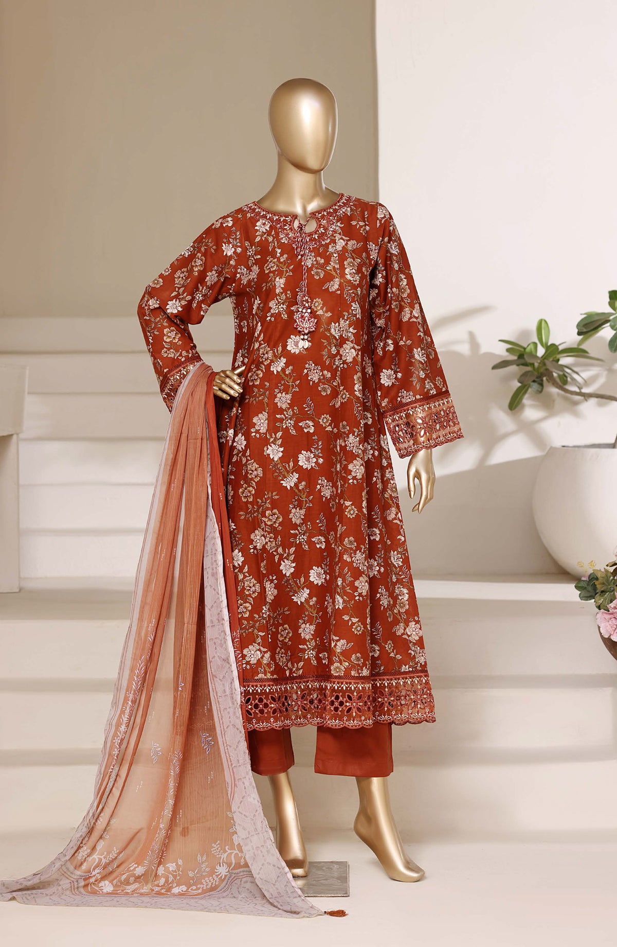 Sadabahar Peplum Embroidered Lawn Stitched 3 Piece Suit - PPD-02 - SBD26PLXP - Rust - Luxury Collection