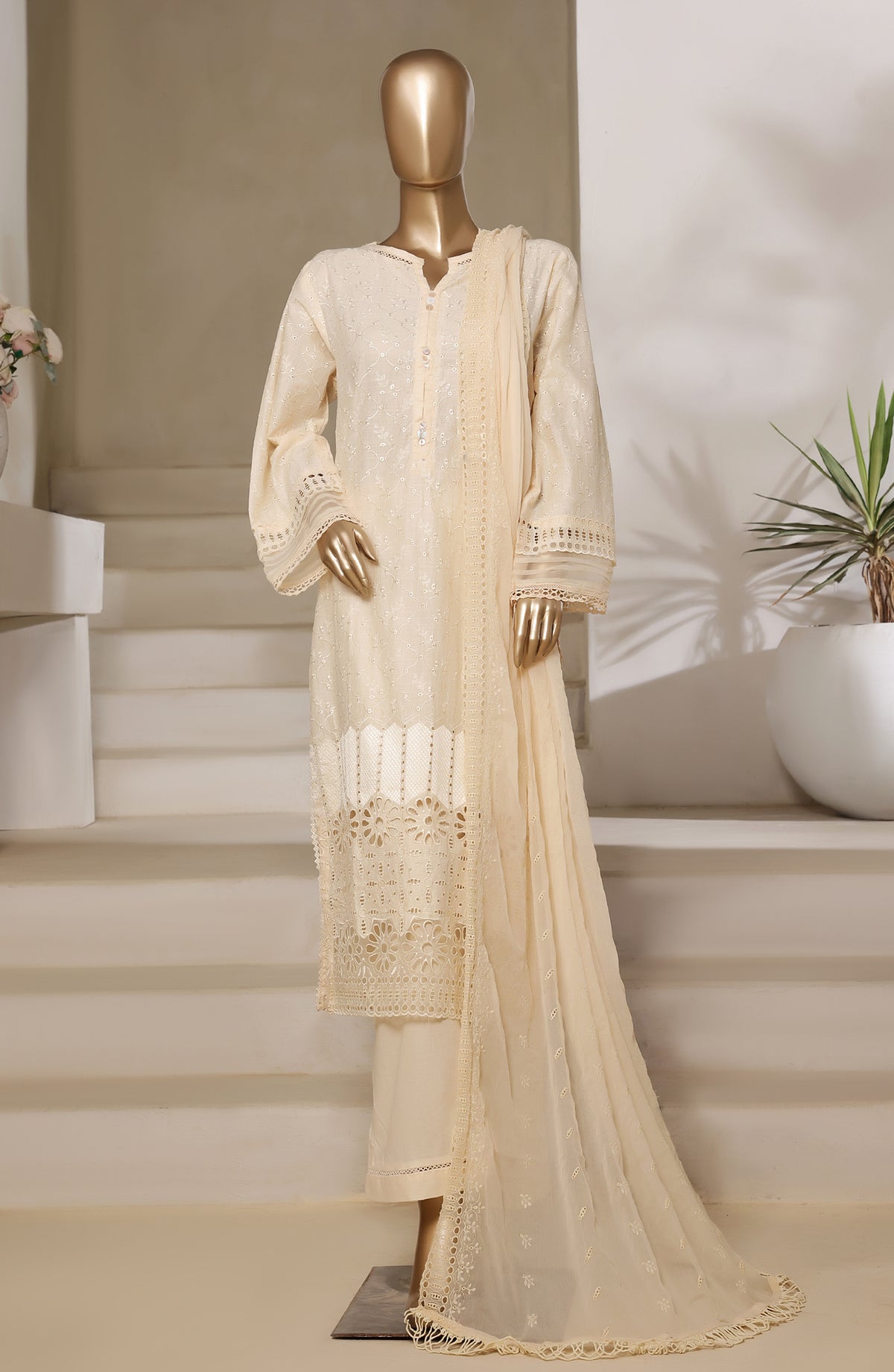 Sadabahar Embroidered Slub Chikankari Cambric Stitched 3 Piece Suit - Design-05 - SBD25LUXC - Yellow - Luxury Collection