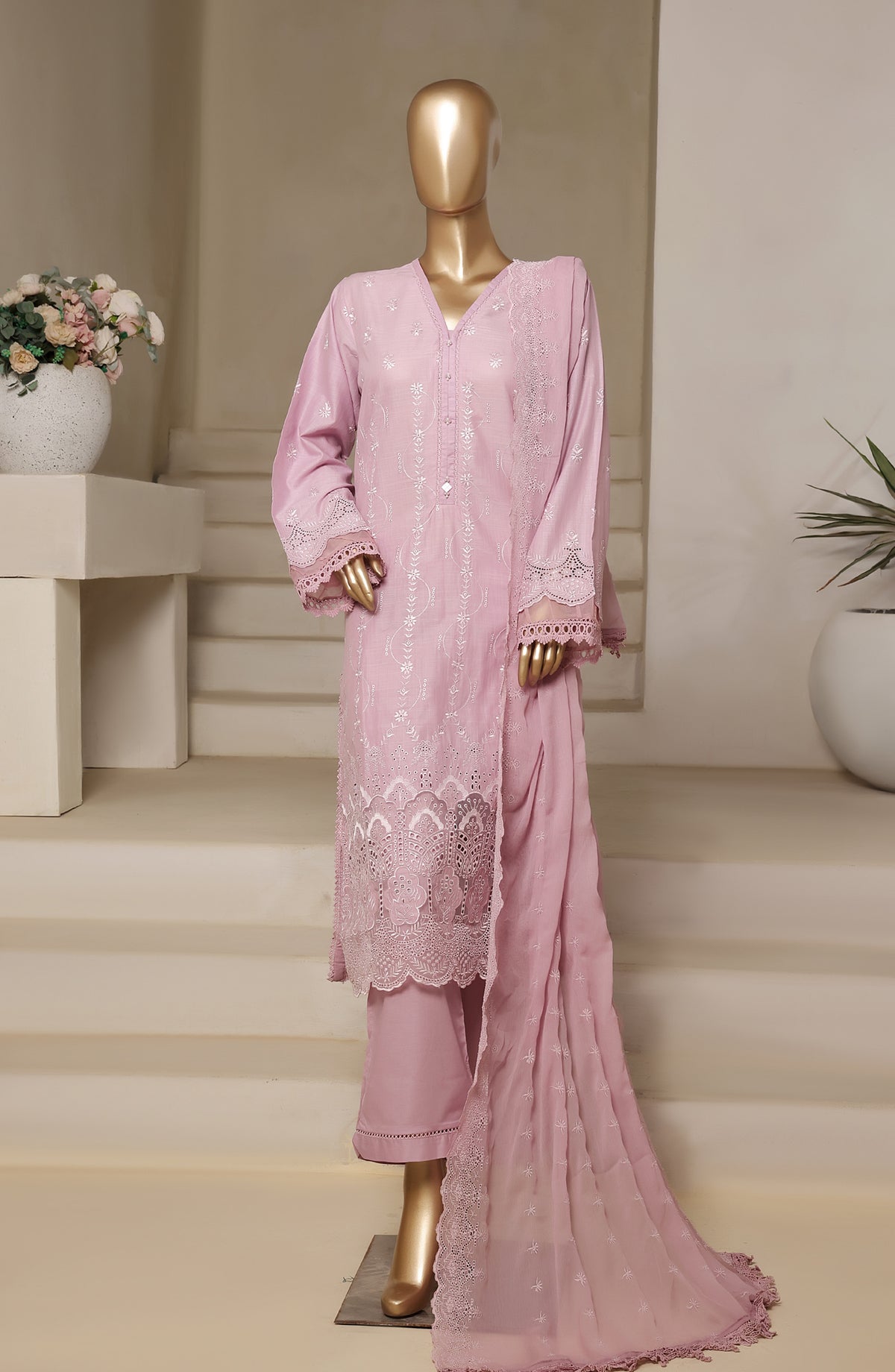 Sadabahar Embroidered Slub Chikankari Cambric Stitched 3 Piece Suit - Design-04 - SBD25LUXC - Pink - Luxury Collection
