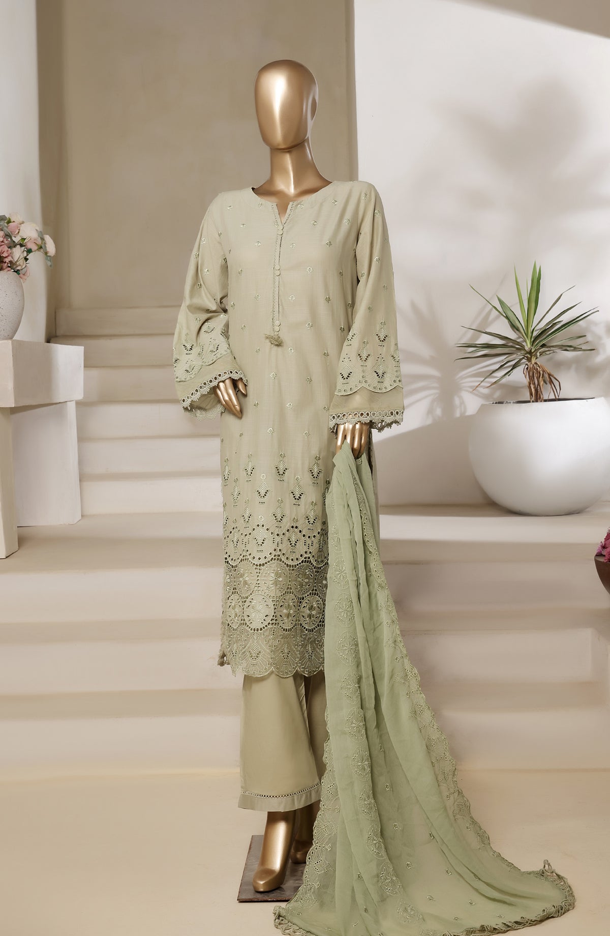Sadabahar Embroidered Slub Chikankari Cambric Stitched 3 Piece Suit - Design-03 - SBD25LUXC - Green - Luxury Collection