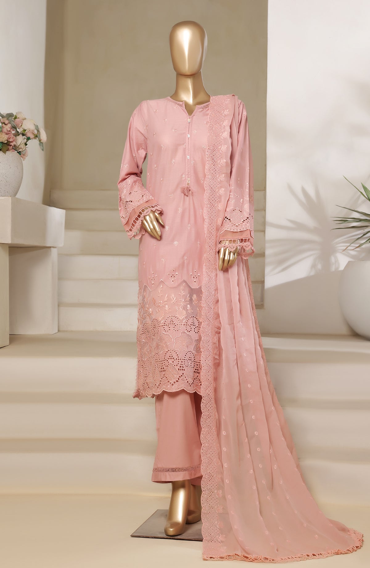 Sadabahar Embroidered Slub Chikankari Cambric Stitched 3 Piece Suit - Design-02 - SBD25LUXC - Pink - Luxury Collection
