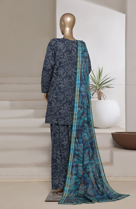 Sadabahar Digital Printed Cotton Cambric Stitched 3 Piece Suit - Design-08 - SBD25PCFR - Blue - Summer Collection