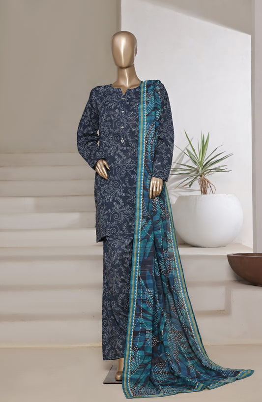 Sadabahar Digital Printed Cotton Cambric Stitched 3 Piece Suit - Design-08 - SBD25PCFR - Blue - Summer Collection