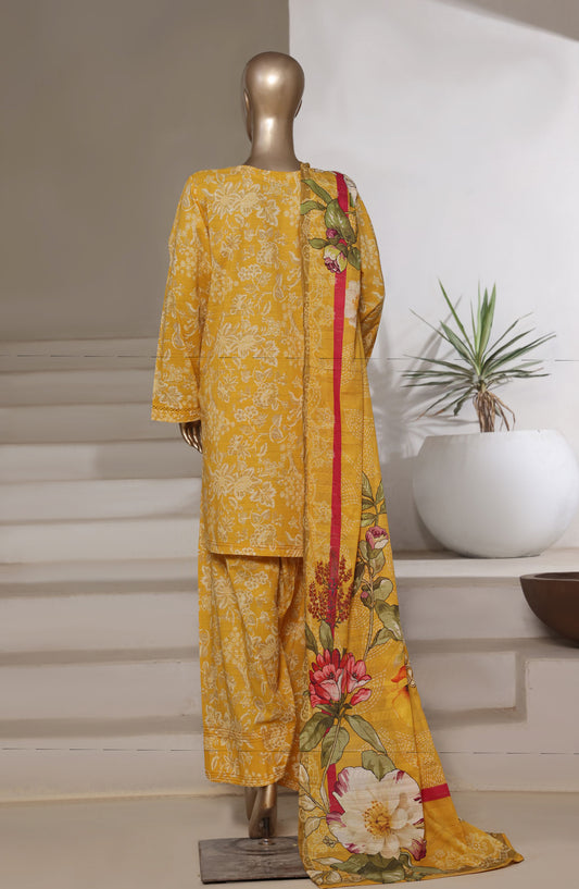 Sadabahar Digital Printed Cotton Cambric Stitched 3 Piece Suit - Design-06 - SBD25PCFR - Yellow - Summer Collection