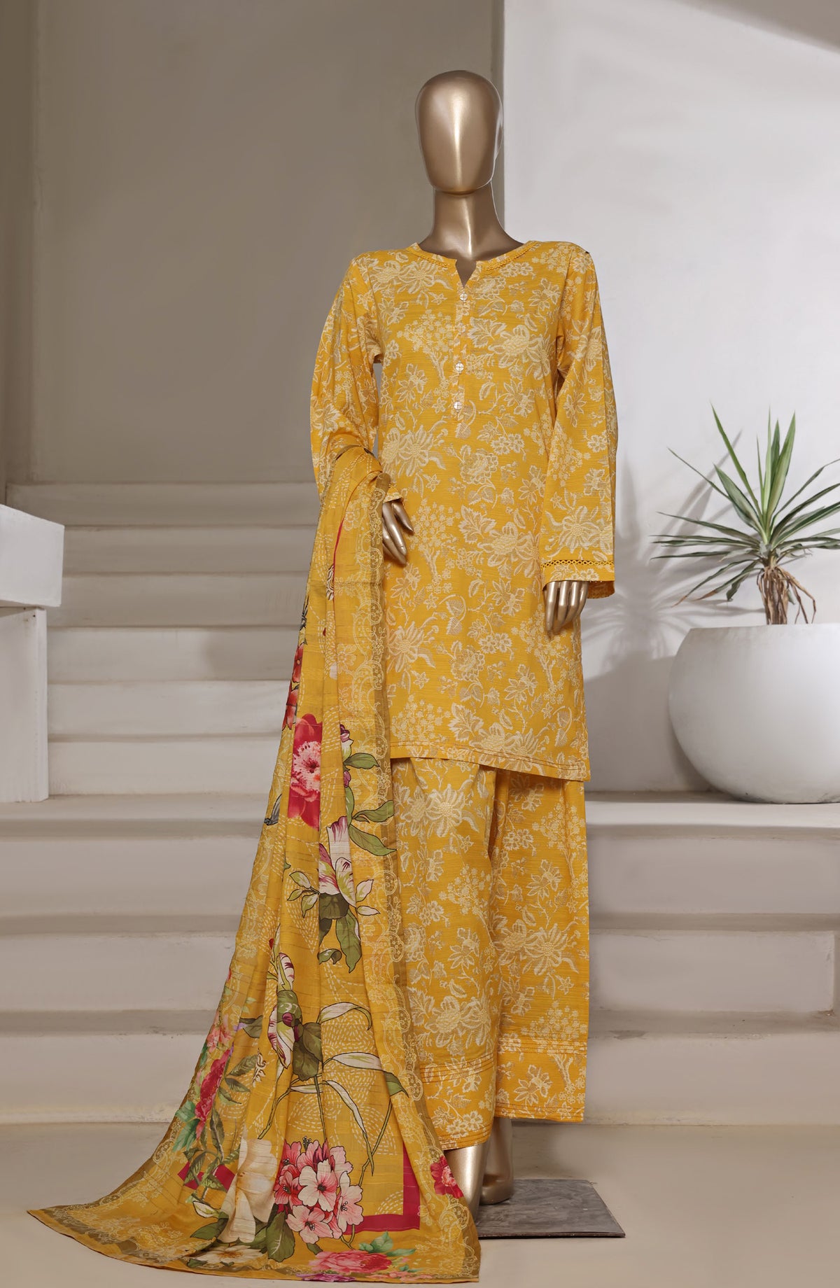 Sadabahar Digital Printed Cotton Cambric Stitched 3 Piece Suit - Design-06 - SBD25PCFR - Yellow - Summer Collection