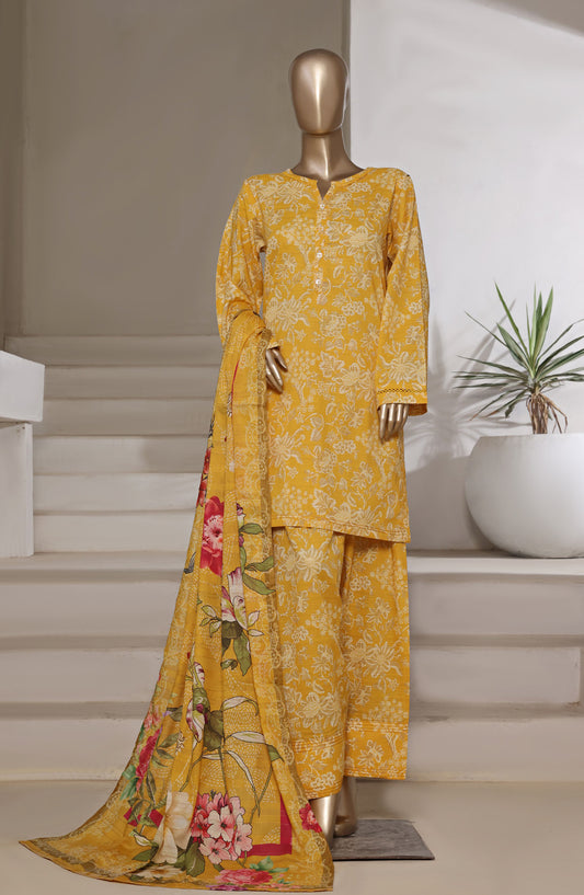 Sadabahar Digital Printed Cotton Cambric Stitched 3 Piece Suit - Design-06 - SBD25PCFR - Yellow - Summer Collection