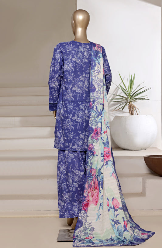 Sadabahar Digital Printed Cotton Cambric Stitched 3 Piece Suit - Design-05 - SBD25PCFR - Blue - Summer Collection