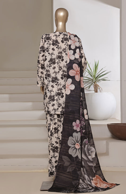 Sadabahar Digital Printed Cotton Cambric Stitched 3 Piece Suit - Design-04 - SBD25PCFR - Off White - Summer Collection
