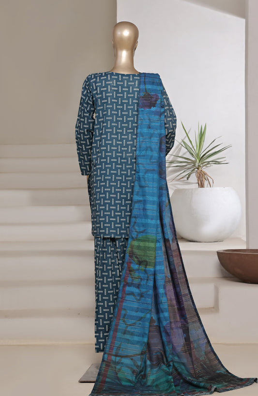 Sadabahar Digital Printed Cotton Cambric Stitched 3 Piece Suit - Design-03 - SBD25PCFR - Blue - Summer Collection