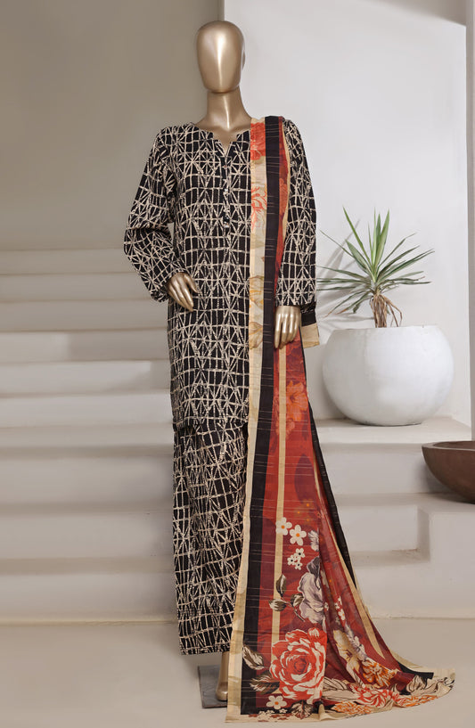 Sadabahar Digital Printed Cotton Cambric Stitched 3 Piece Suit - Design-02 - SBD25PCFR - Black - Summer Collection