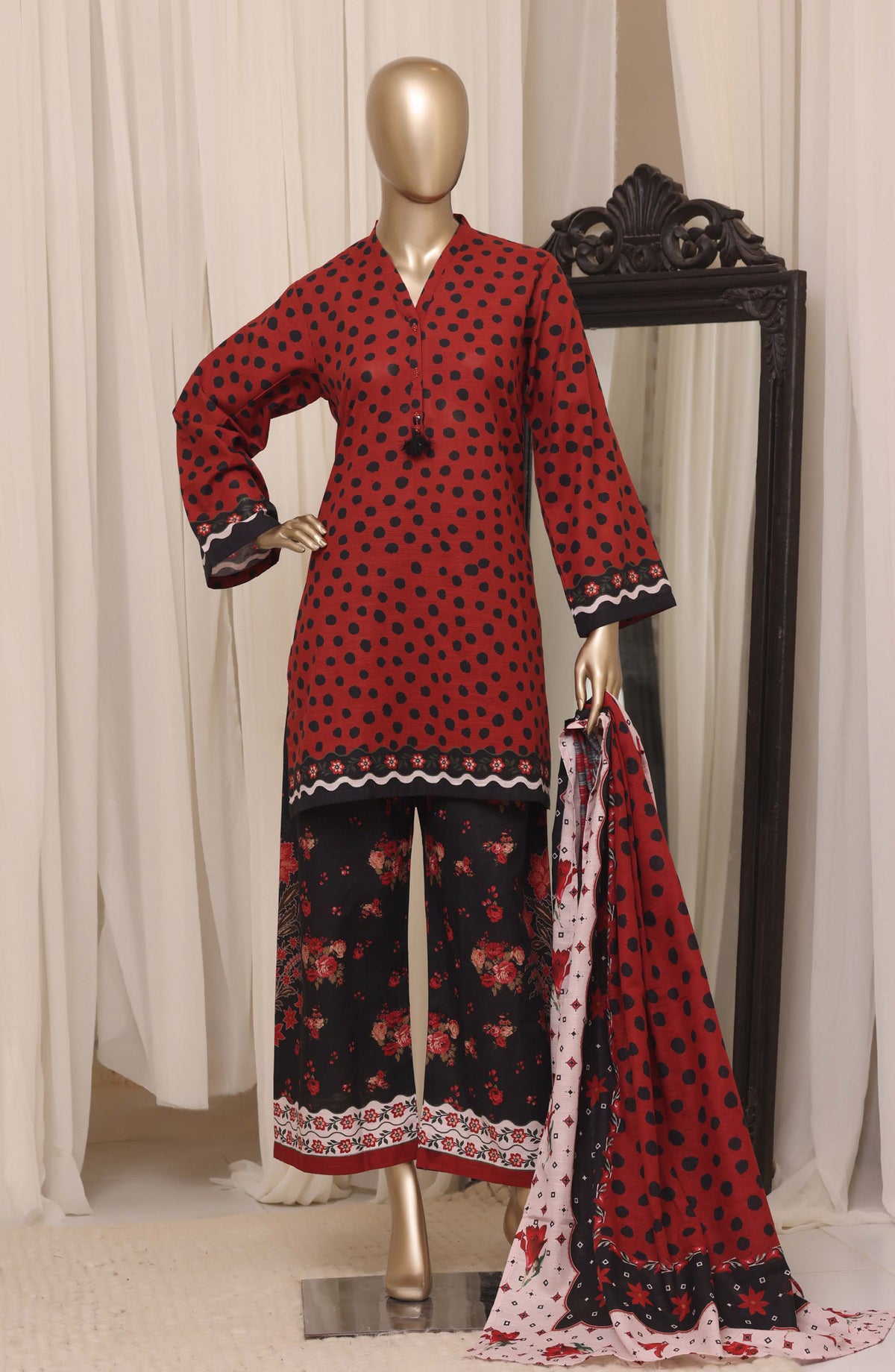 Sadabahar Printed Khaddar Stitched 3 Piece Suit - D-09 - SBD26KHD - Red - Winter Collection