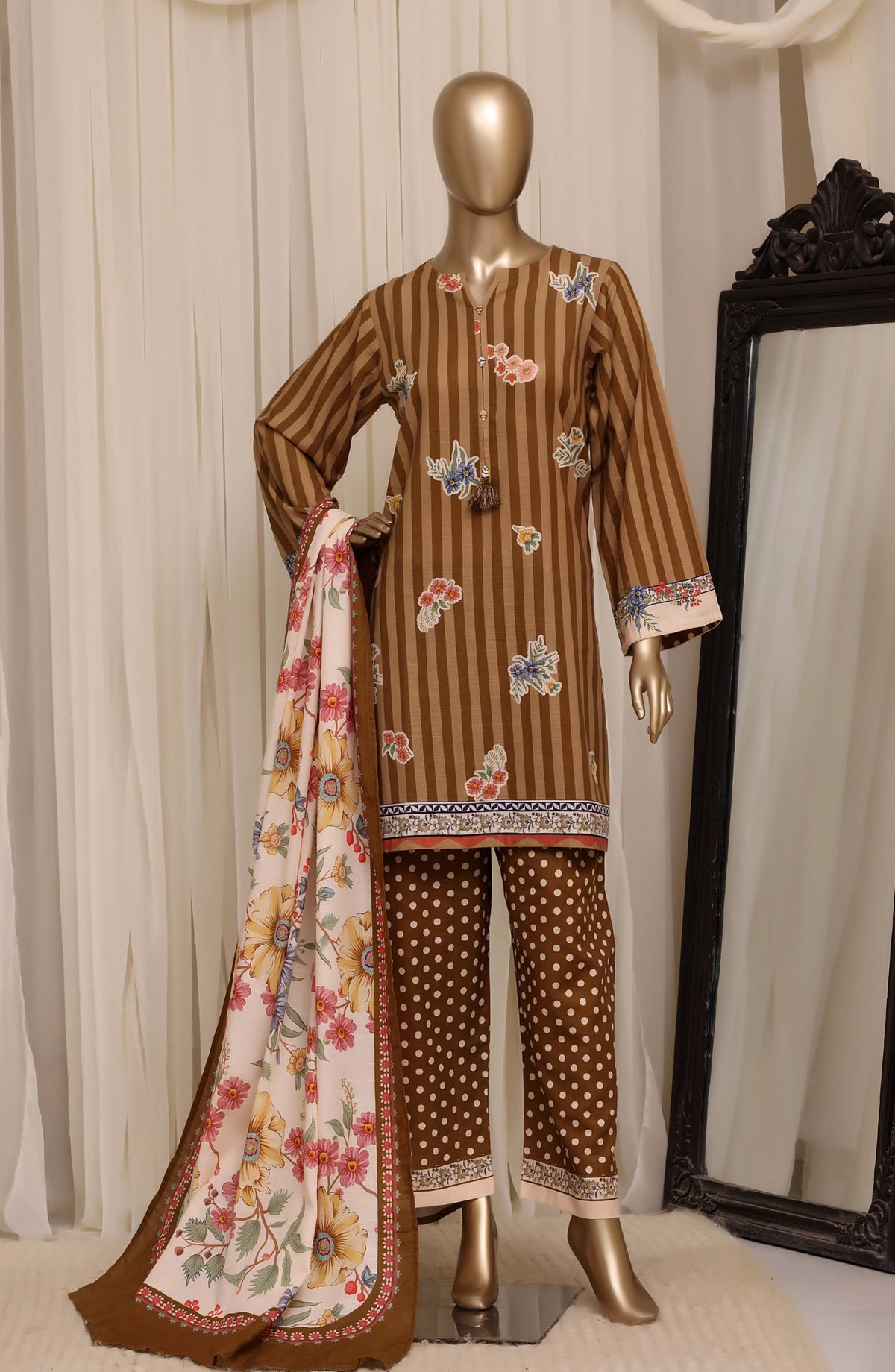 Sadabahar Printed Khaddar Stitched 3 Piece Suit - D-04 - SBD26KHD - Brown - Winter Collection