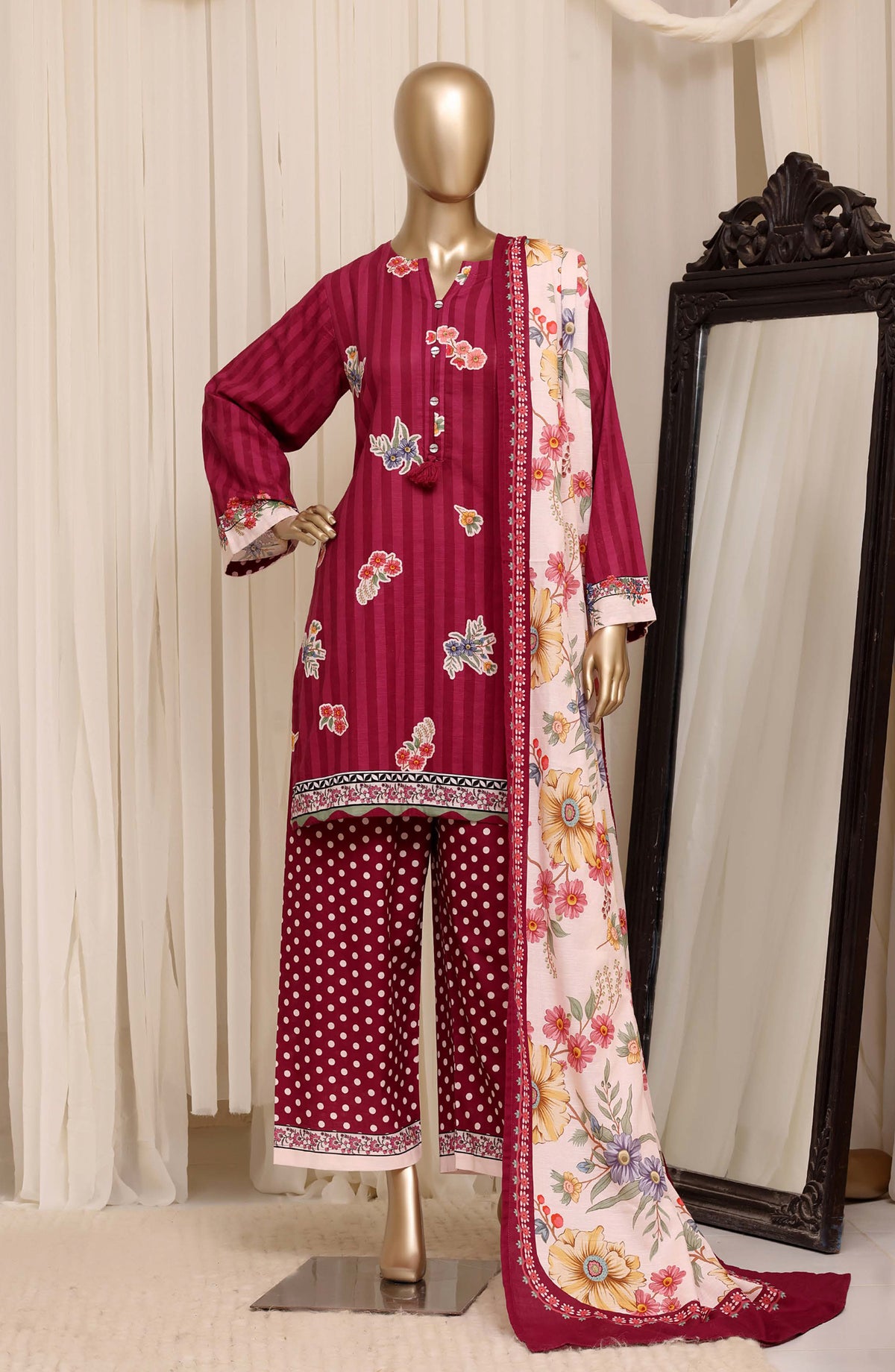 Sadabahar Printed Khaddar Stitched 3 Piece Suit - D-02 - SBD26KHD - Pink - Winter Collection