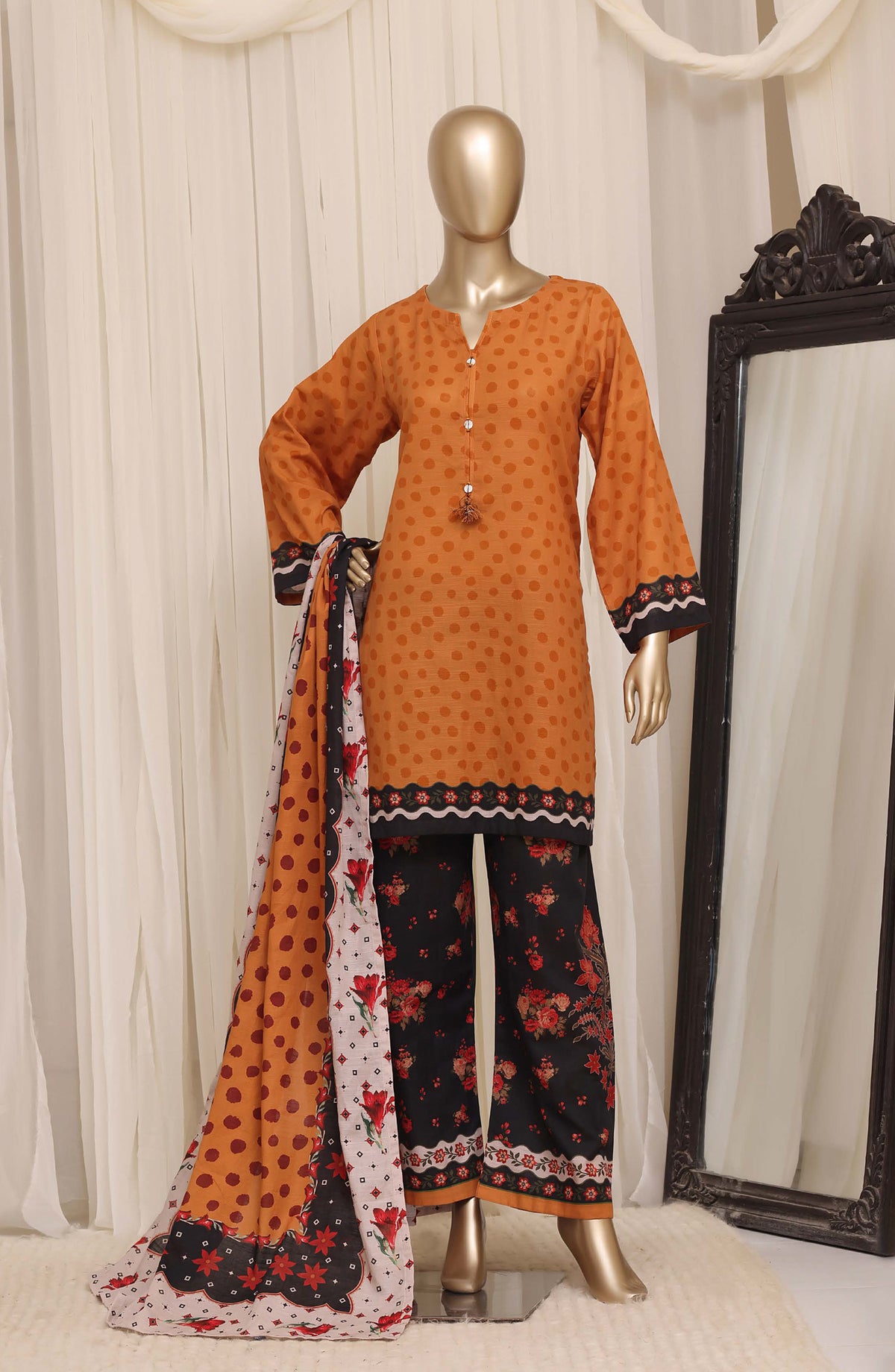 Sadabahar Printed Khaddar Stitched 3 Piece Suit - D-01 - SBD26KHD - Orange - Winter Collection