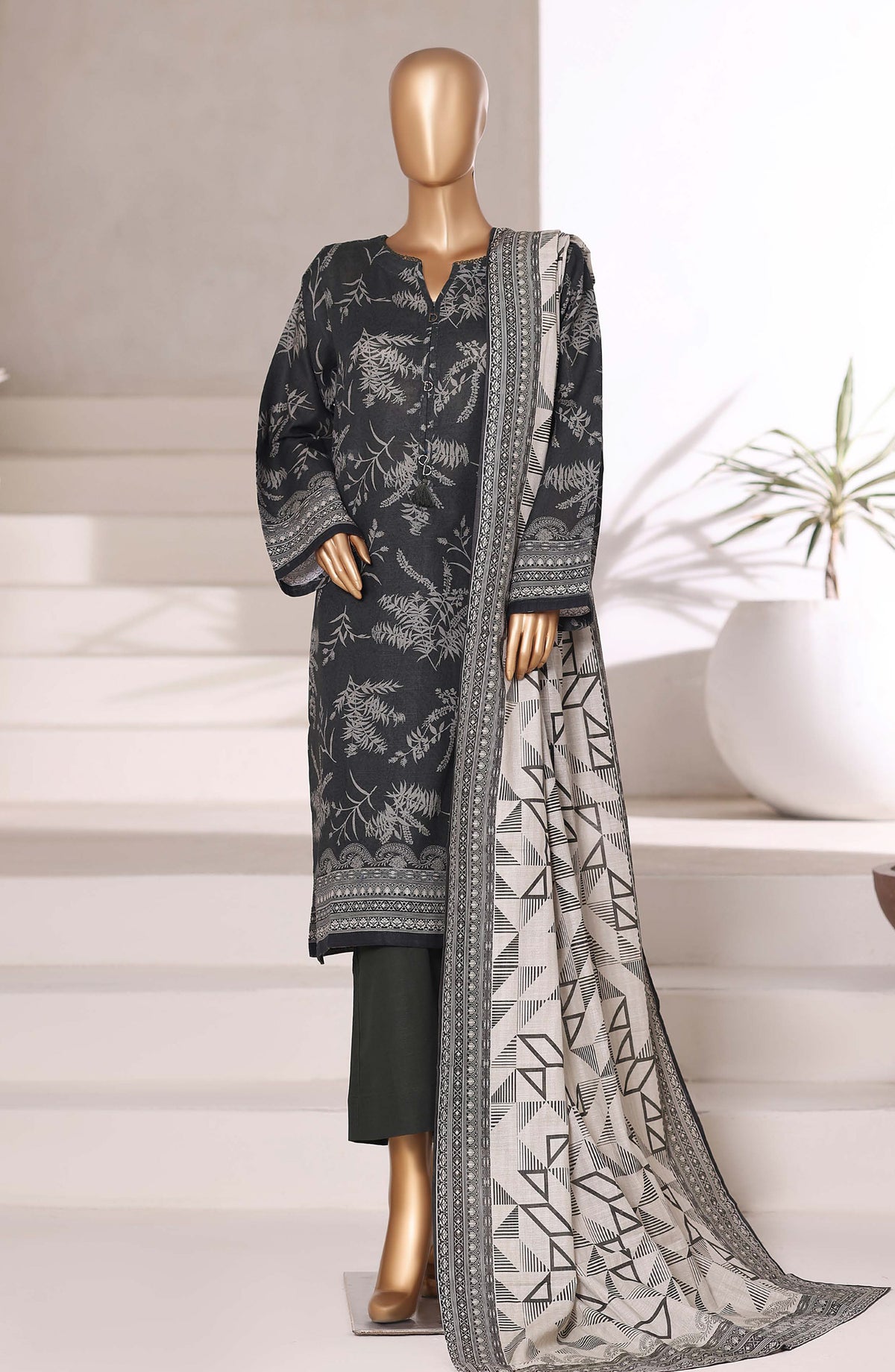Sadabahar Printed Khaddar Stitched 3 Piece Suit - Design-11 - SBD25KHD - Black - Winter Collection