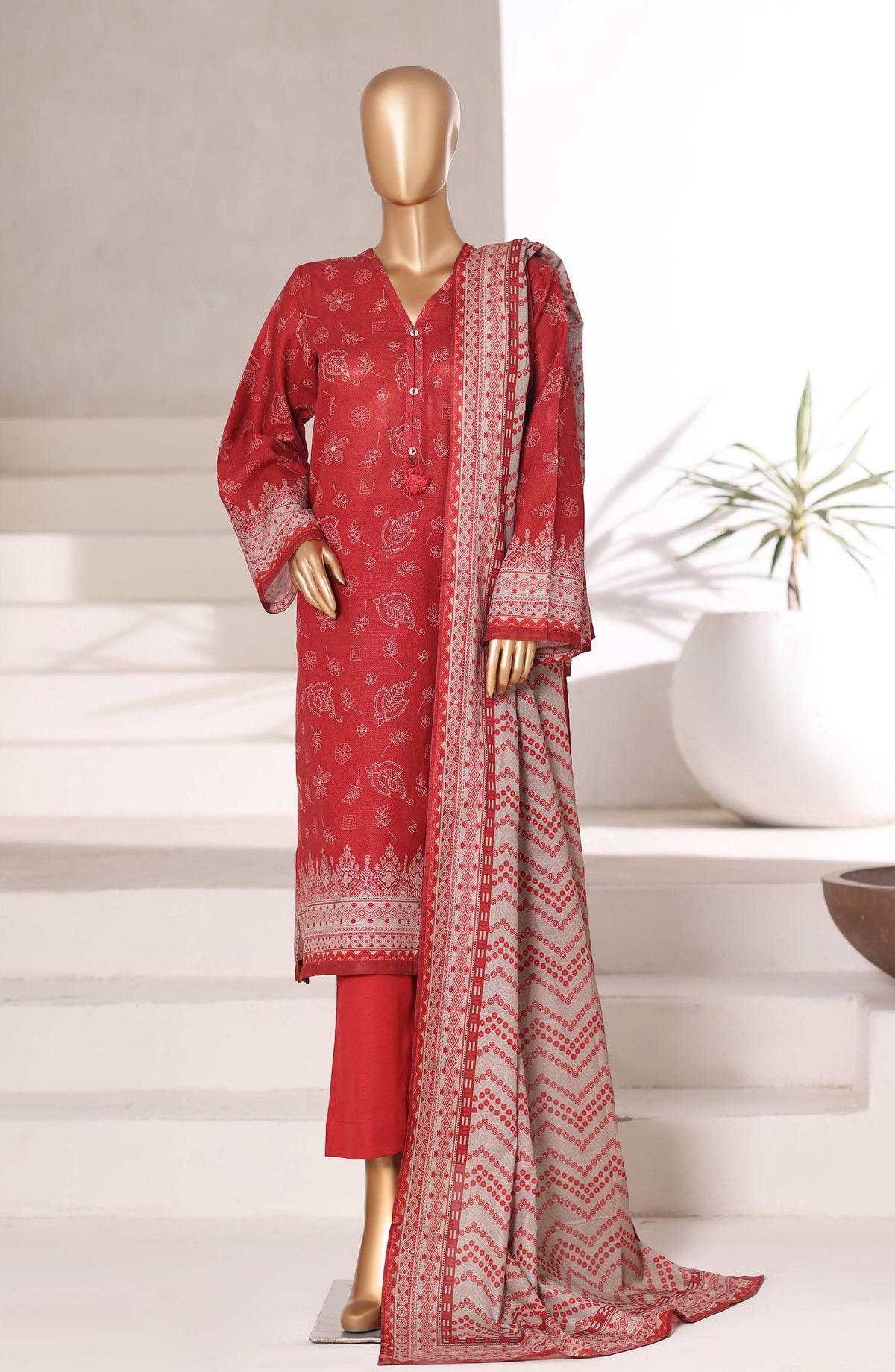 Sadabahar Printed Khaddar Stitched 3 Piece Suit - Design-01 - SBD25KHD - Red - Winter Collection