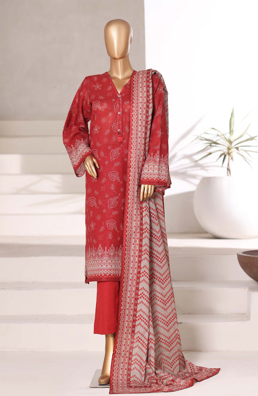 Sadabahar Printed Khaddar Stitched 3 Piece Suit - Design-01 - SBD25KHD - Red - Winter Collection