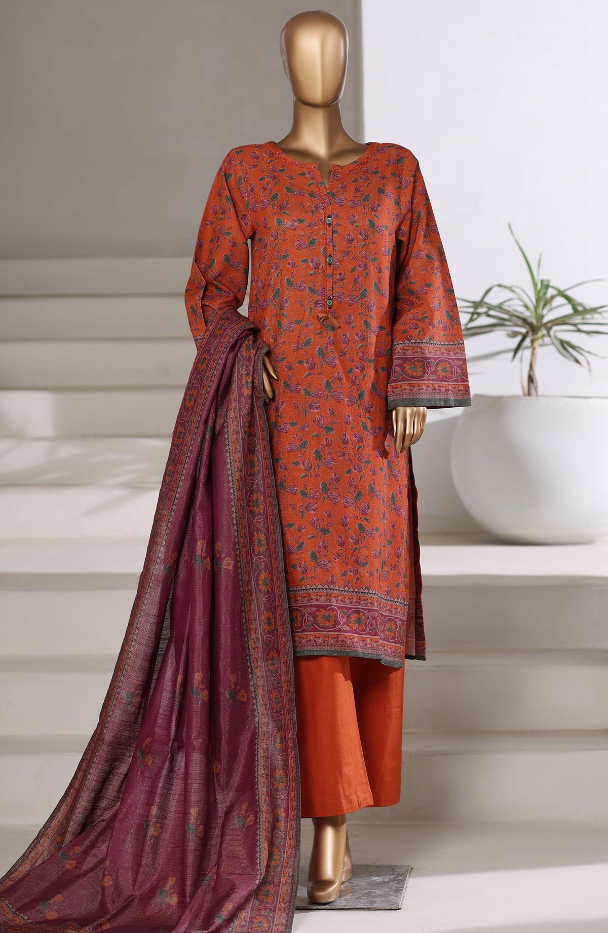 Sadabahar Printed Khaddar Stitched 3 Piece Suit - D-09 - SBD25MMR - Rust - Winter Collection