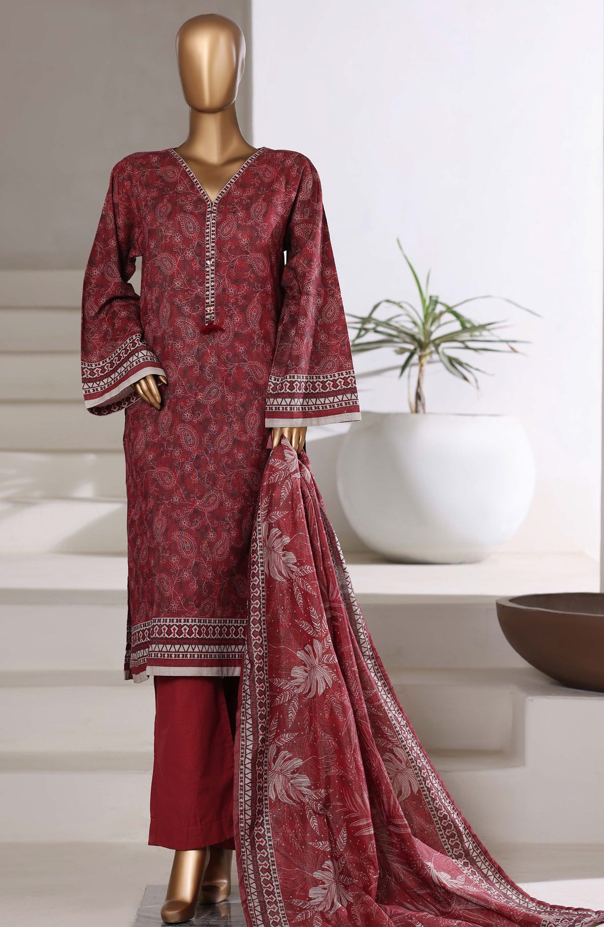 Sadabahar Printed Khaddar Stitched 3 Piece Suit - D-06 - SBD25MMR - Red - Winter Collection