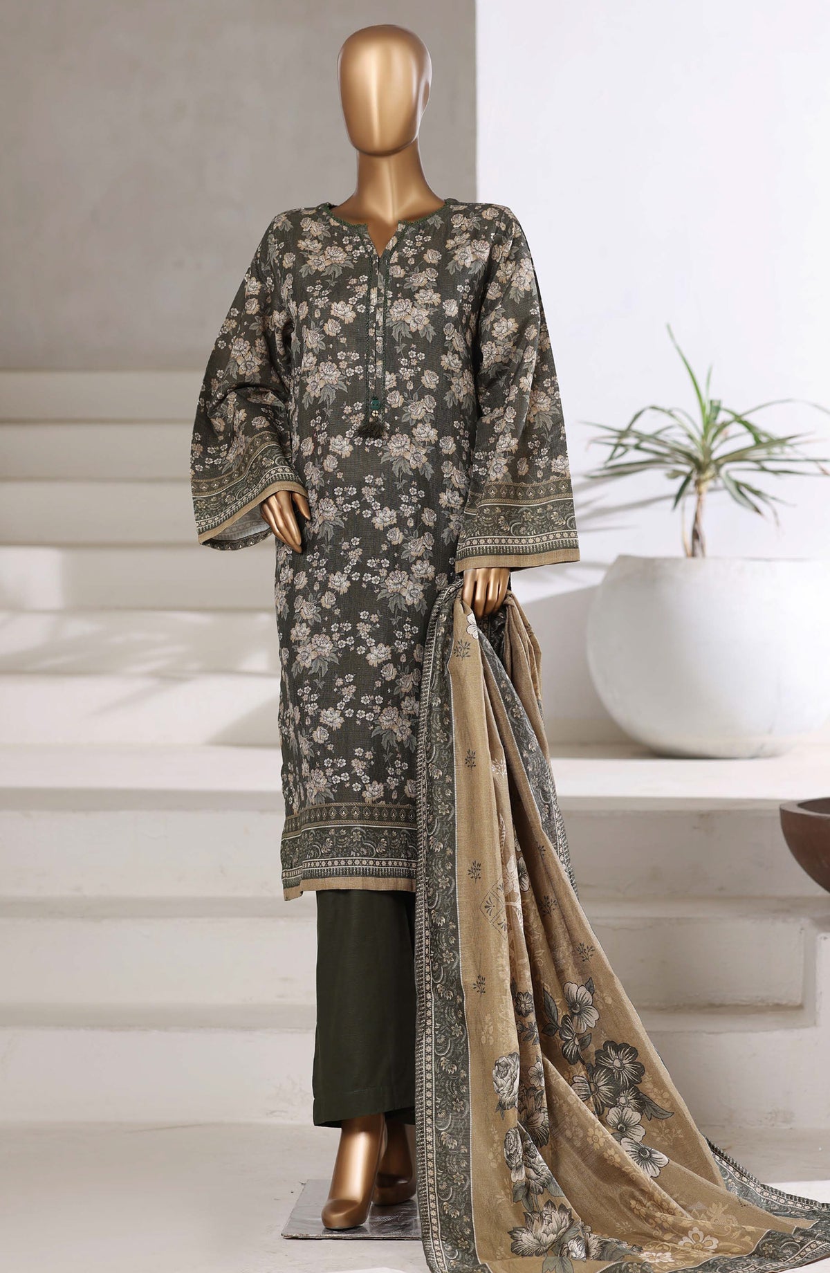 Sadabahar Printed Khaddar Stitched 3 Piece Suit - D-02 - SBD25MMR - Grey - Winter Collection