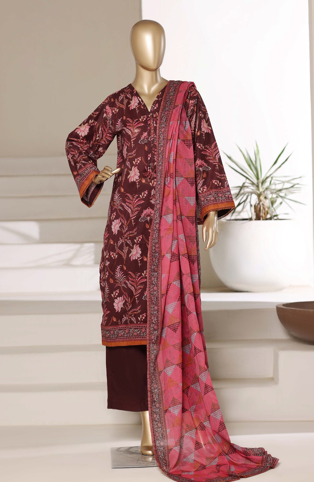 Sadabahar Printed Lawn Stitched 3 Piece Suit - D-02 - SBD26PNT - Maroon - Summer Collection